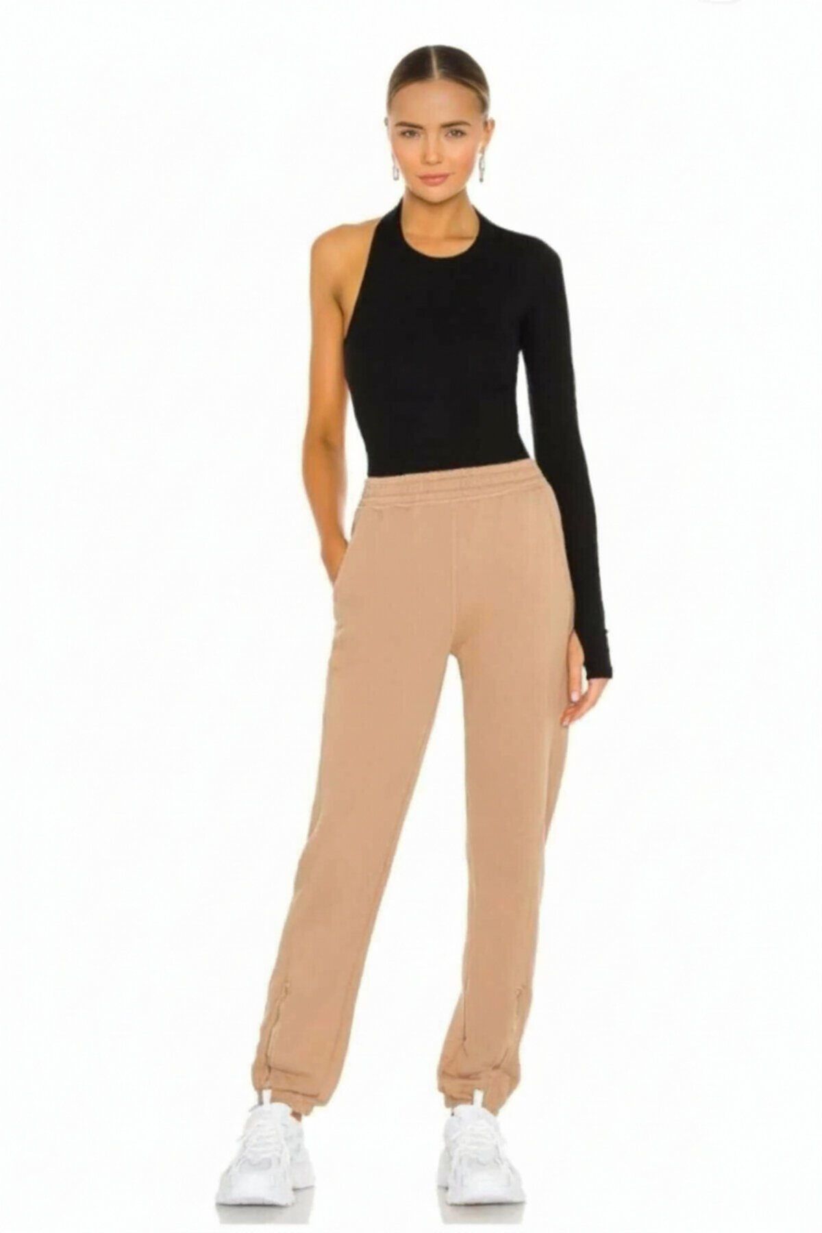 Single Sleeve Back Cut-out Thumb Hole Bodysuit - Black - Zagrep