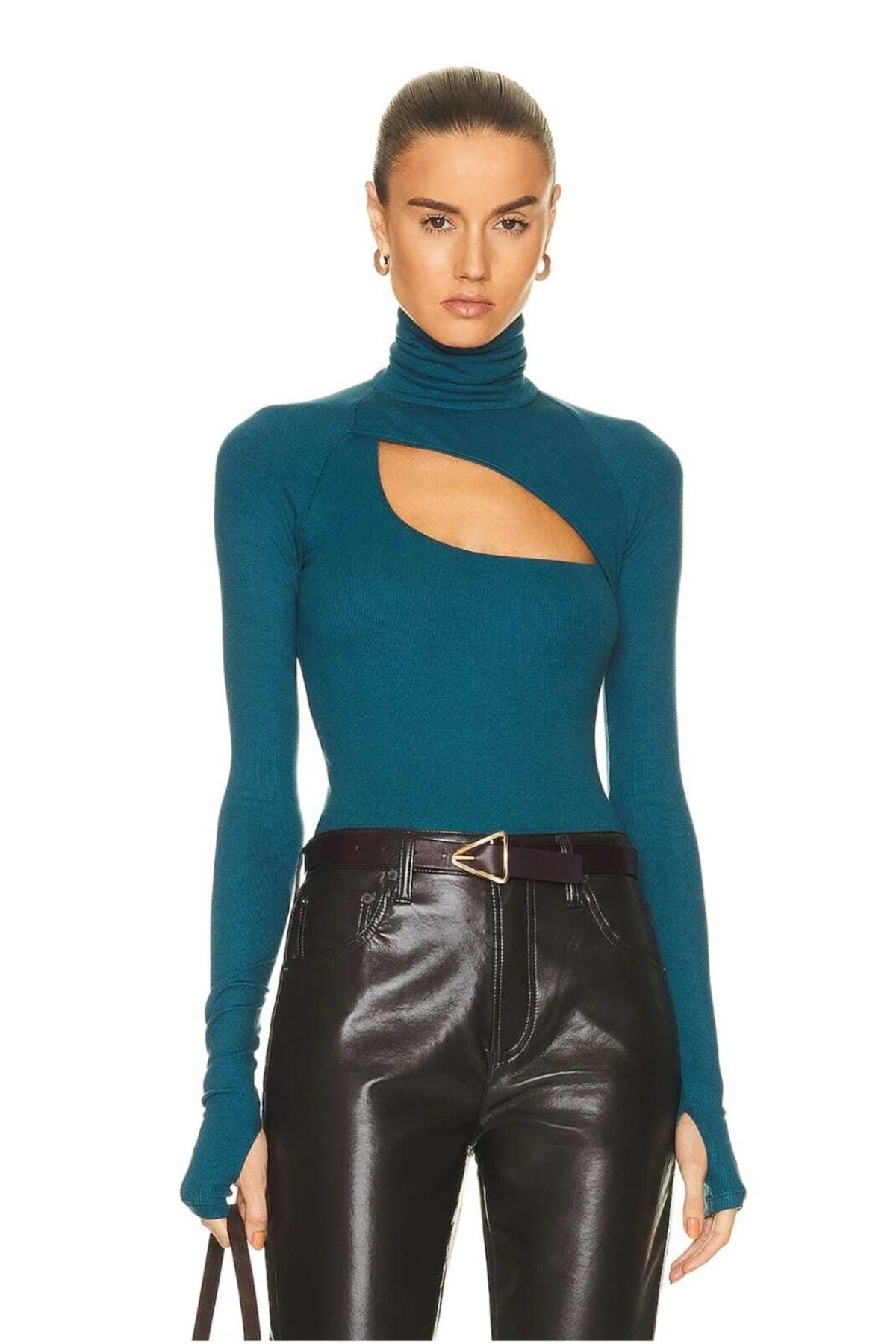Turtleneck Cut-Out Finger-Hole Bodysuit - Emerald Green - Zagrep