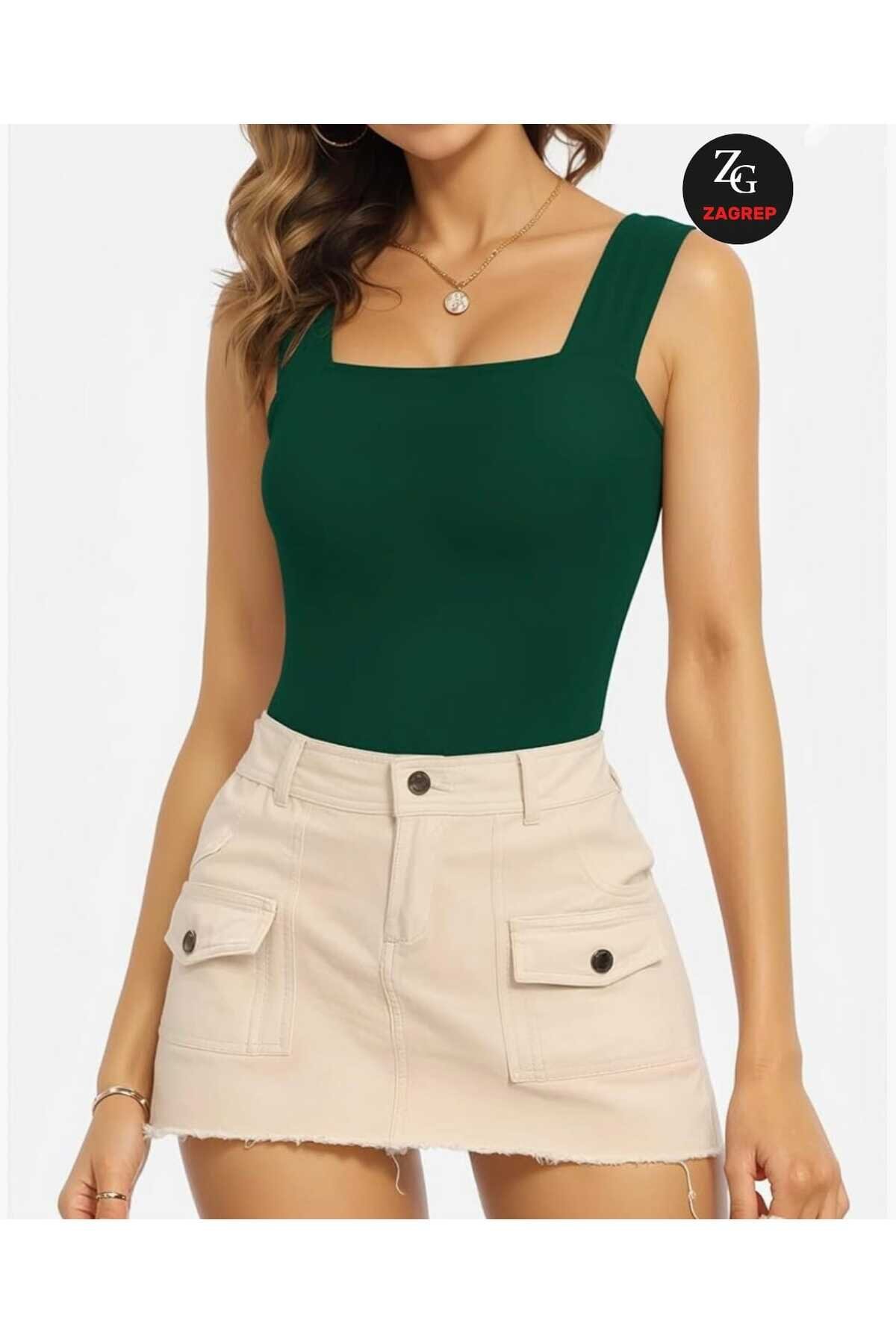 Silk Jersey Wide Strap Square Neck Bodysuit - Emerald Green - Zagrep