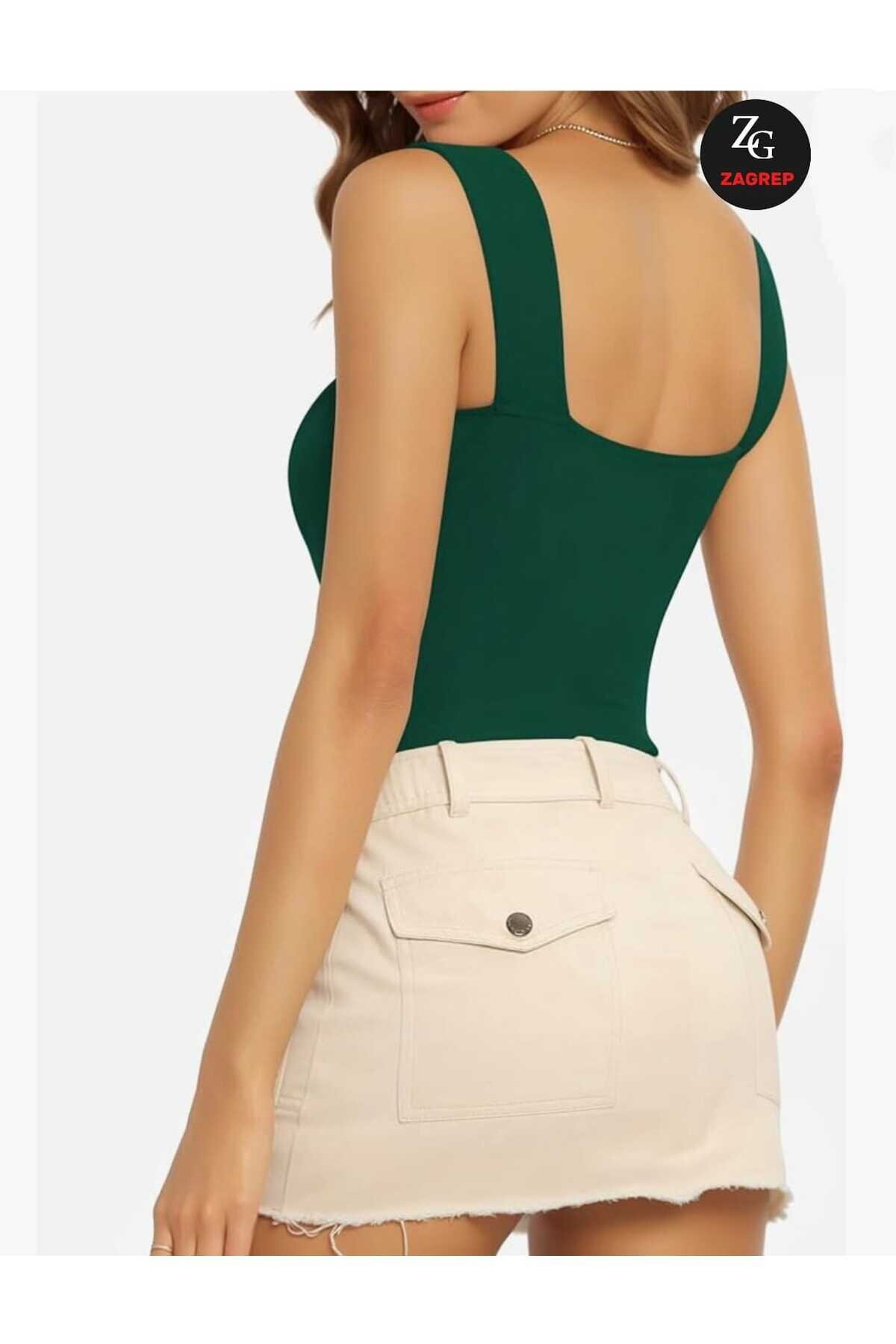 Silk Jersey Wide Strap Square Neck Bodysuit - Emerald Green - Zagrep