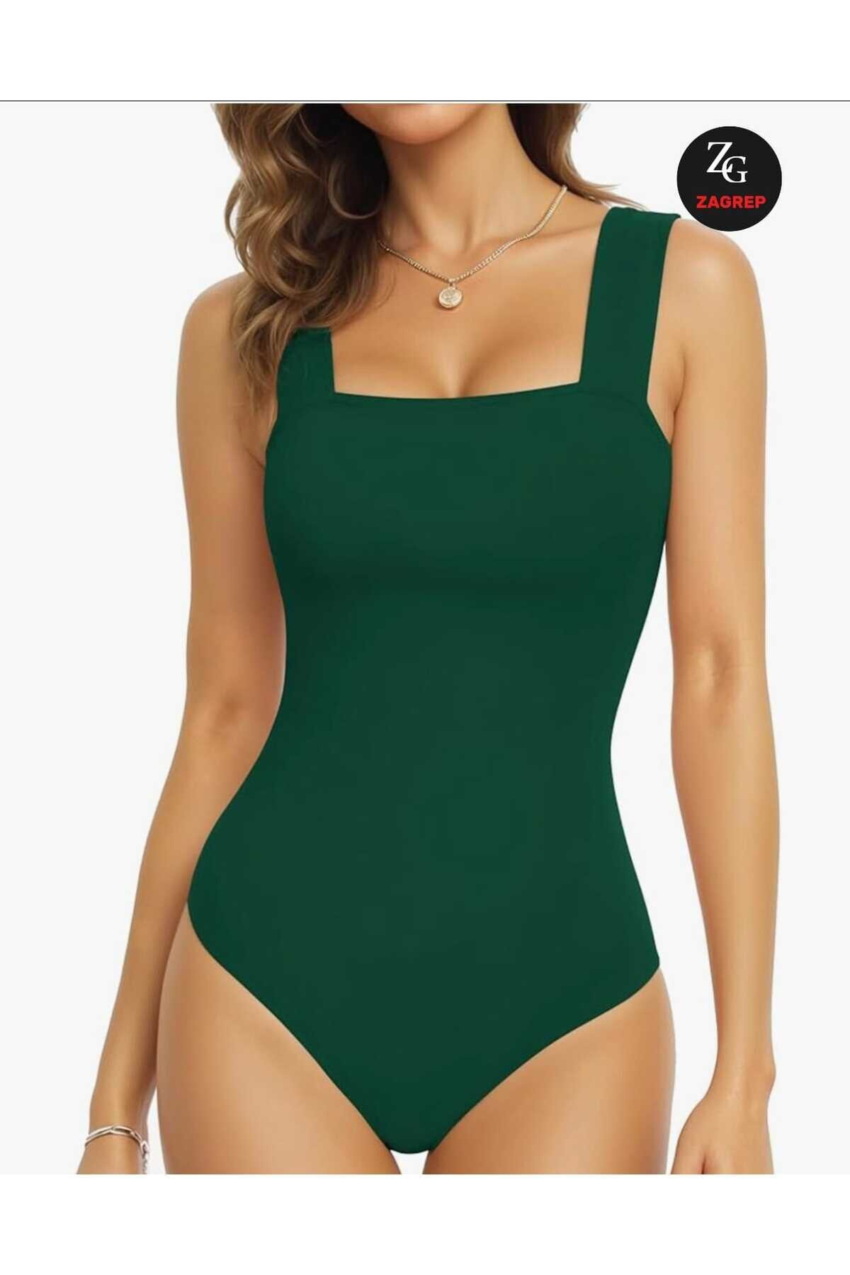 Silk Jersey Wide Strap Square Neck Bodysuit - Emerald Green - Zagrep