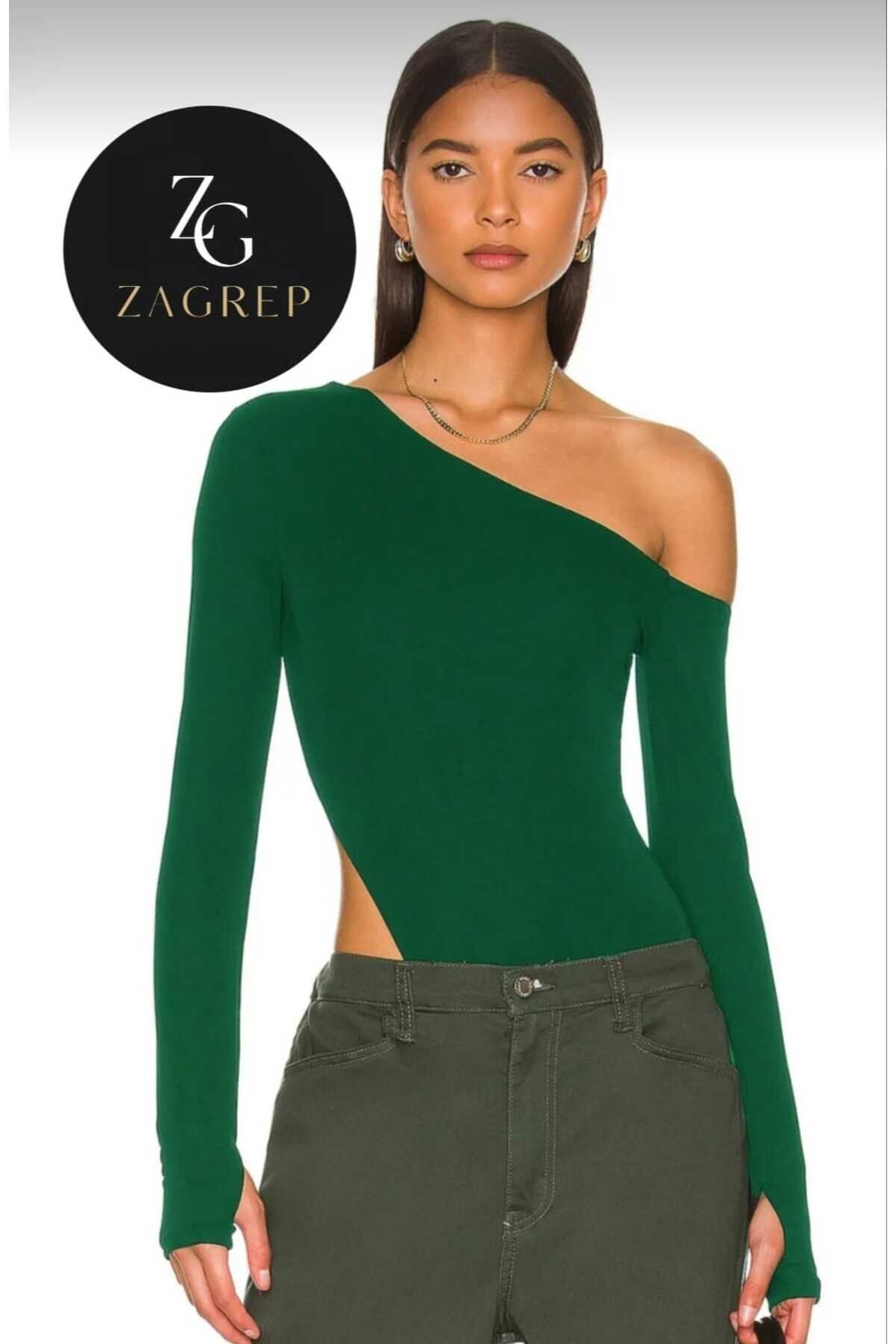 Silk Jersey Thumbhole Shoulder-Detail Bodysuit - Emerald Green - Zagrep