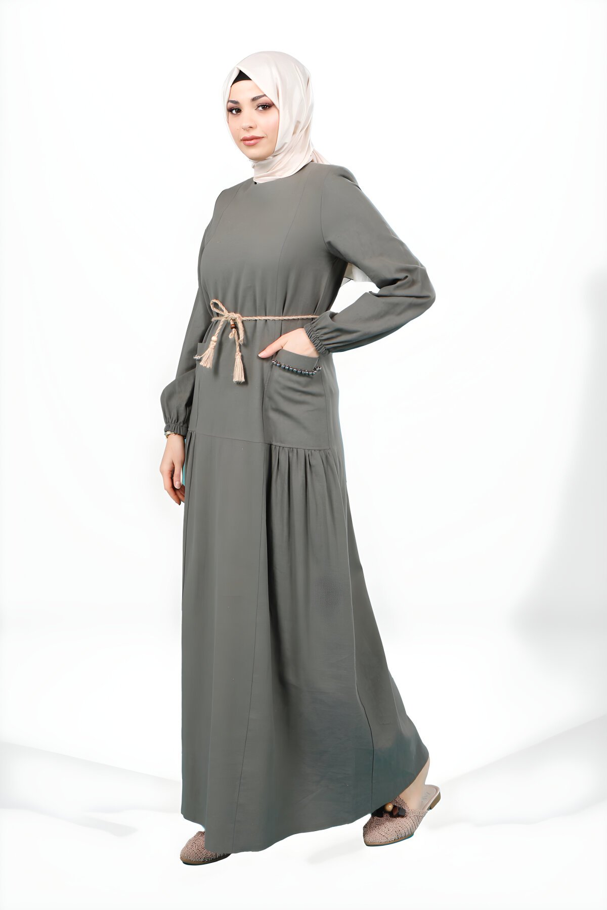 Haki Bisiklet Yaka Cebi Taşlı Seyyar İp Kemerli Elbise