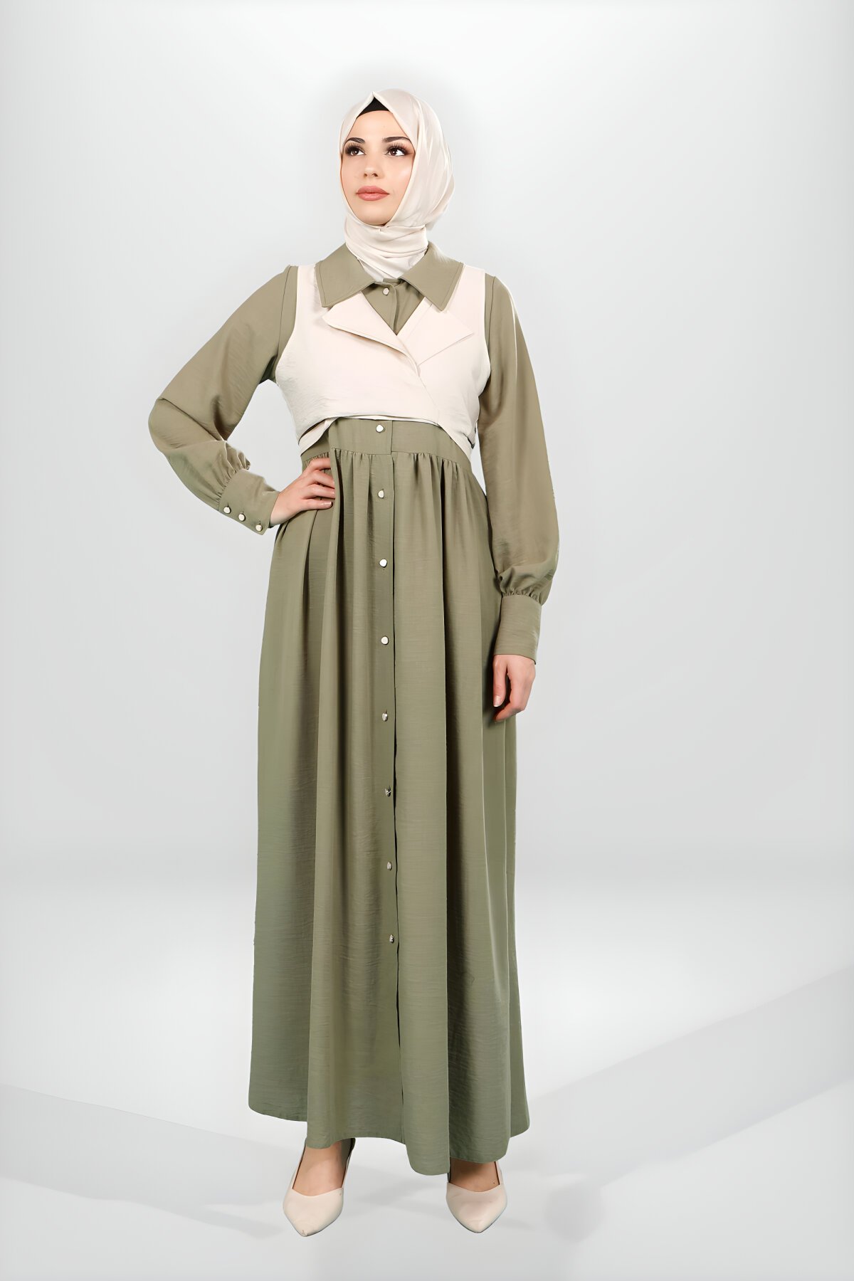 Haki Düğmeli Yelek Detaylı Elbise Haki Düğmeli Yelek Detaylı Elbise