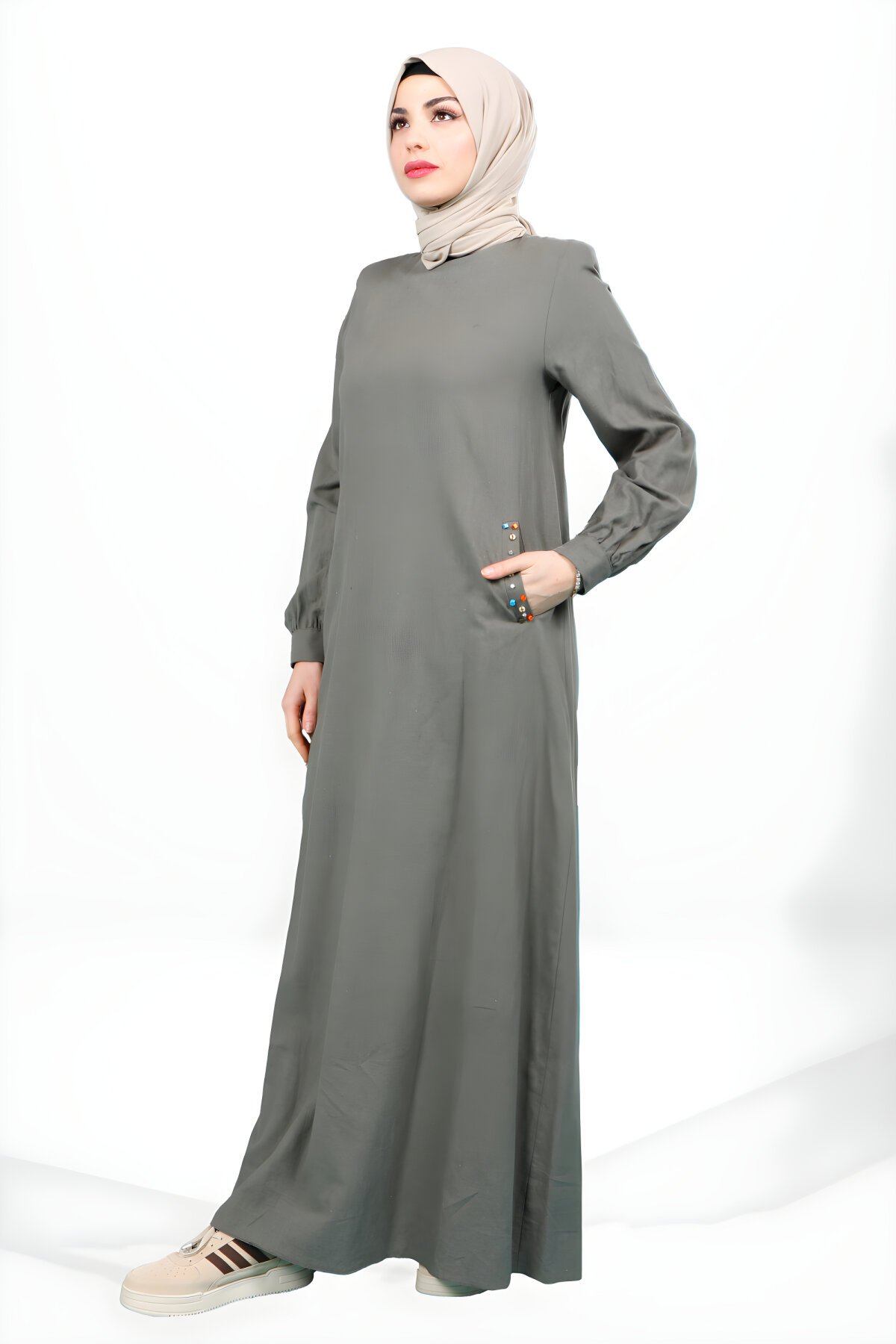 Haki Keten Bisiklet Yaka Cebi Boncuk Detaylı Elbise Haki Keten Bisiklet Yaka Cebi Boncuk Detaylı Elbise