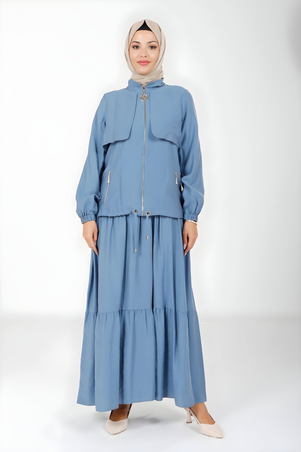 İndigo Ceket Stil Kolu Lastikli Fermuarlı Elbise