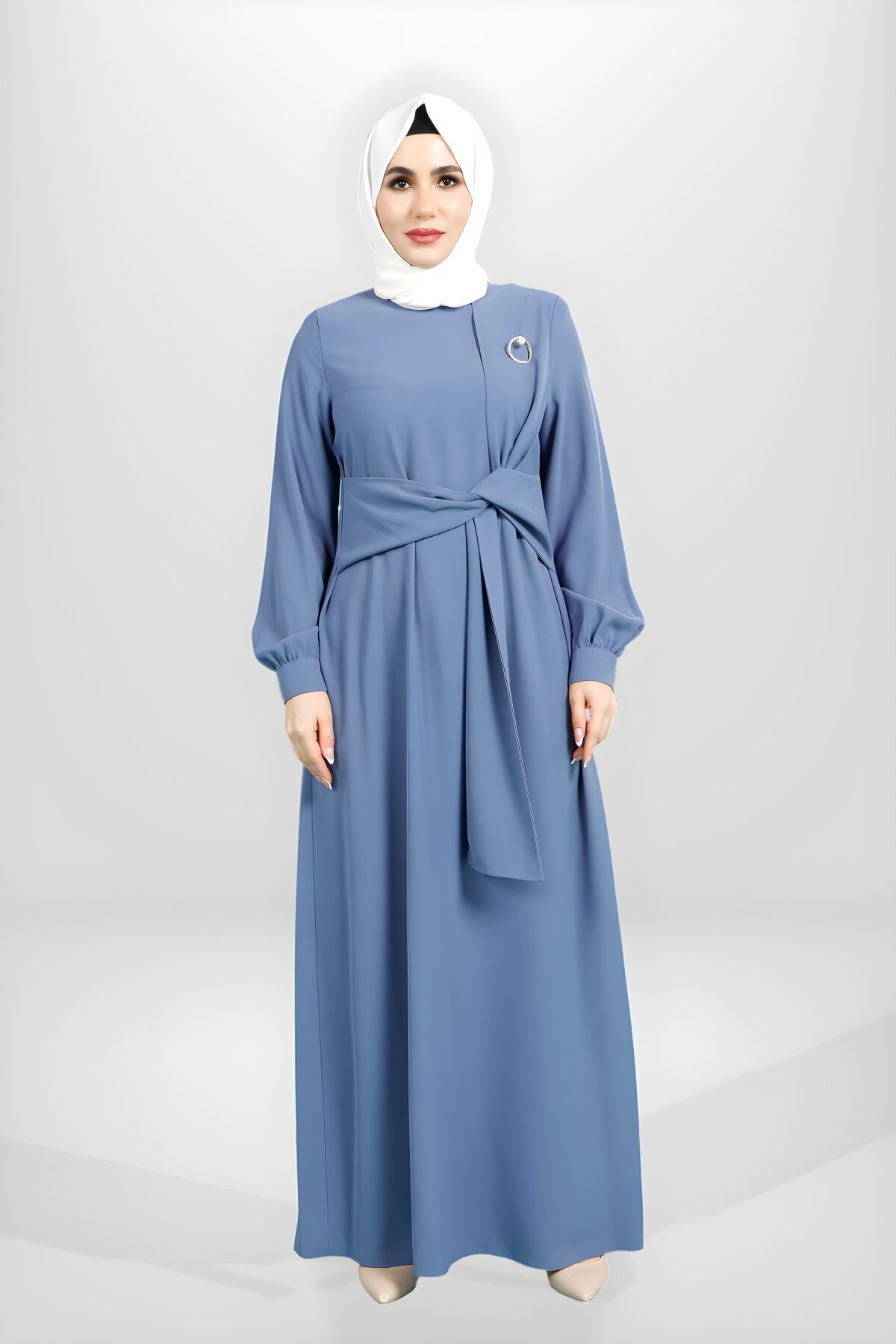 İndigo Önden Bağlama Detaylı Broşlu Elbise İndigo Önden Bağlama Detaylı Broşlu Elbise