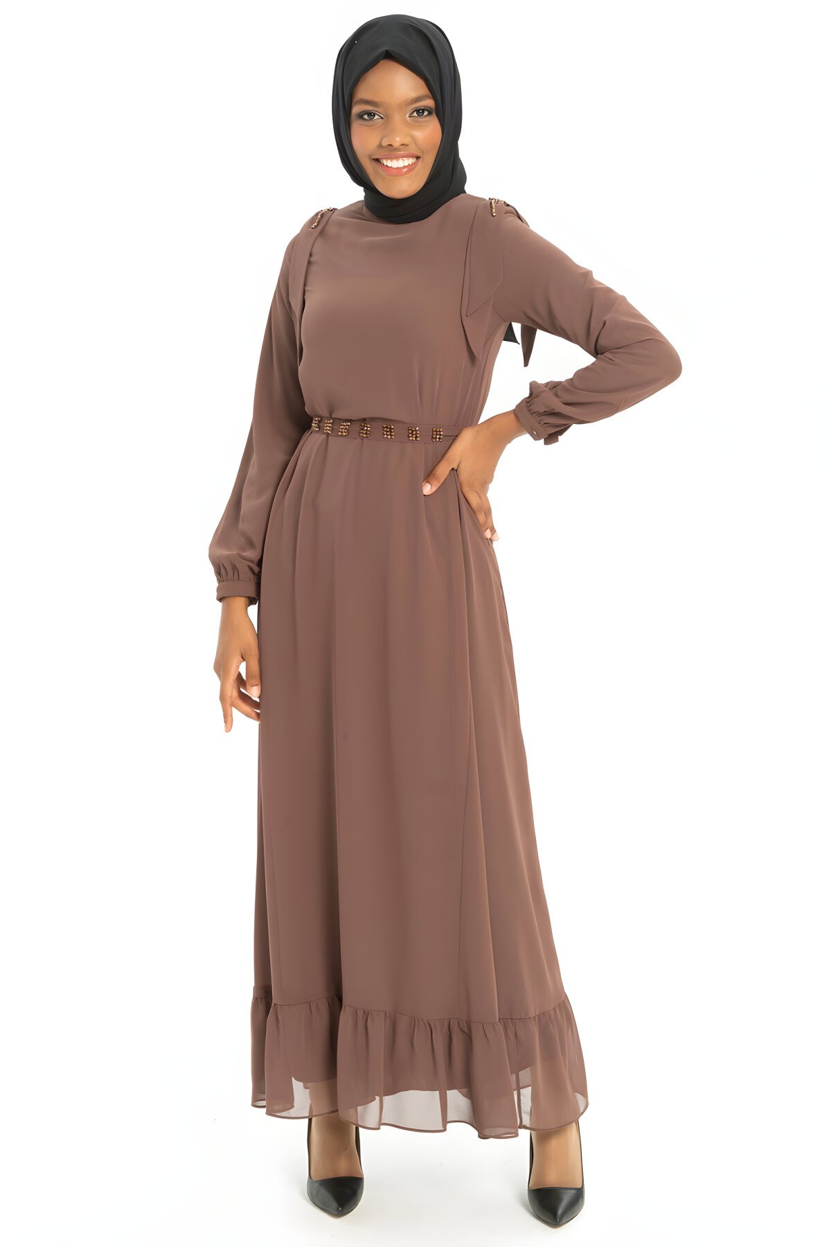 Kahve Nova Şifon Taş Detaylı Elbise Kahve Nova Şifon Taş Detaylı Elbise