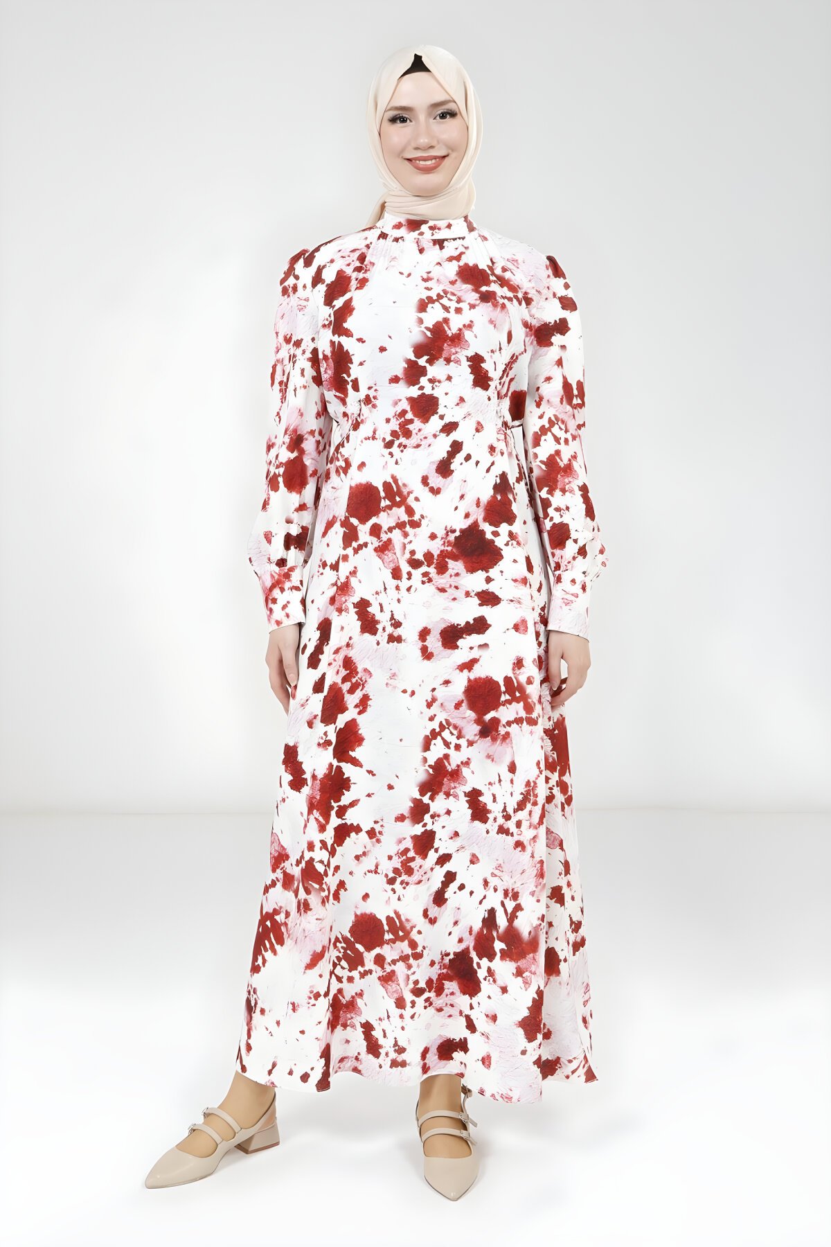 Kırmızı Baskılı Desenli Seyyar Kemerli Elbise Kırmızı Baskılı Desenli Seyyar Kemerli Elbise