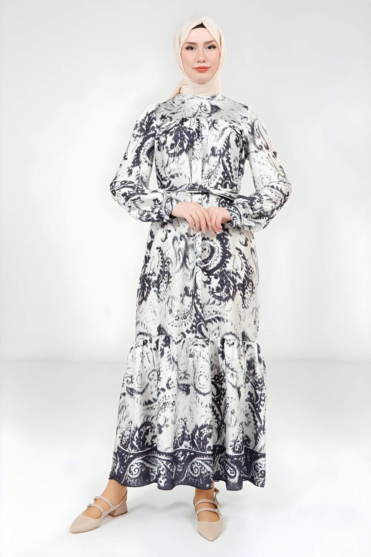 Lacivert Desenli Kemerli Elbise