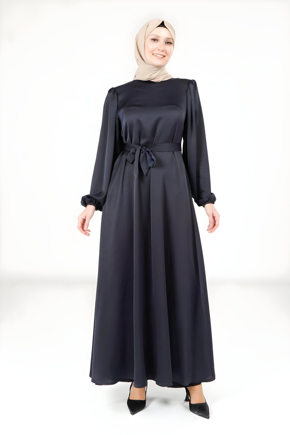 Lacivert Hare Balon Kol Elbise Lacivert Hare Balon Kol Elbise