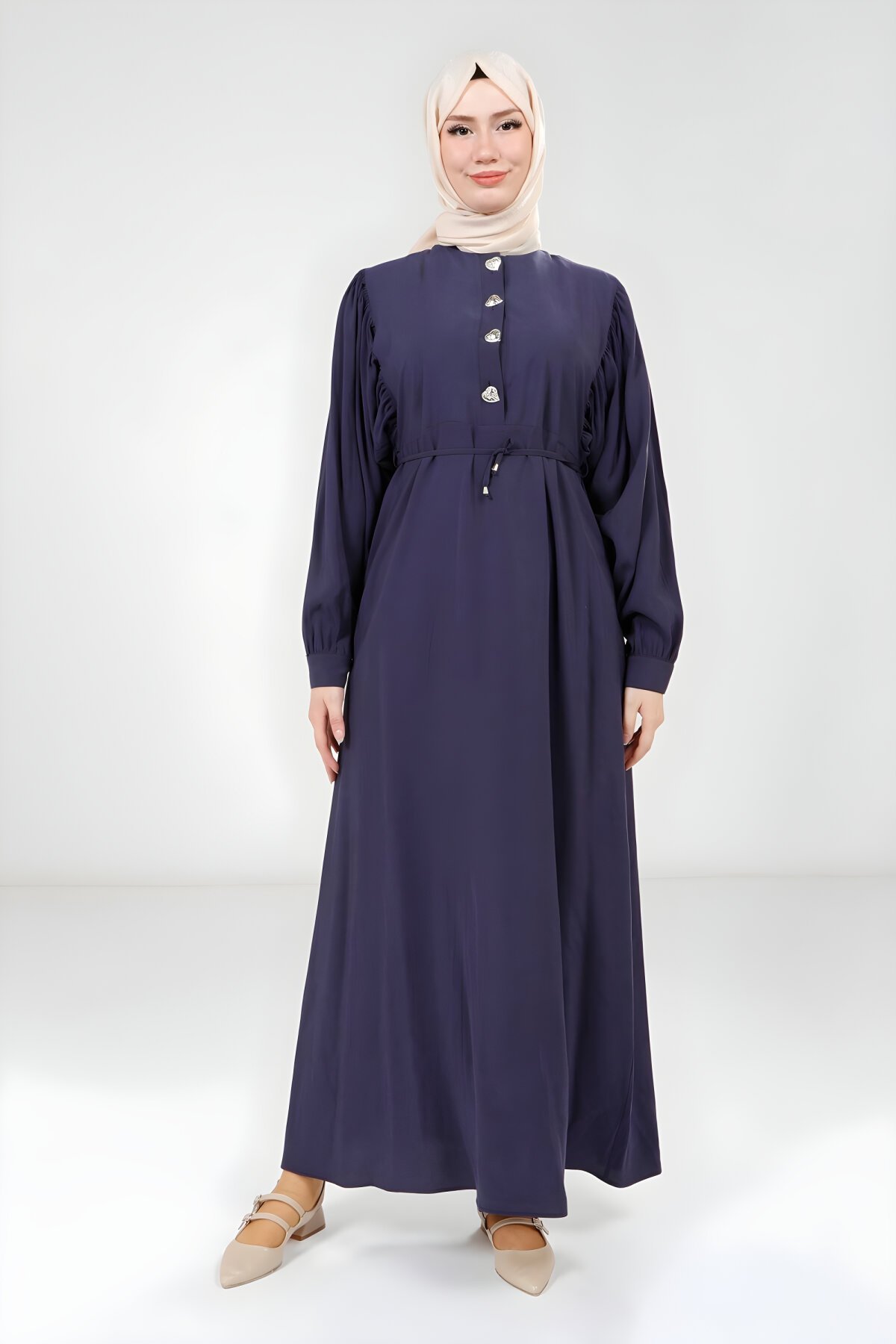 Lacivert Modal Düğme Detaylı Elbise Lacivert Modal Düğme Detaylı Elbise