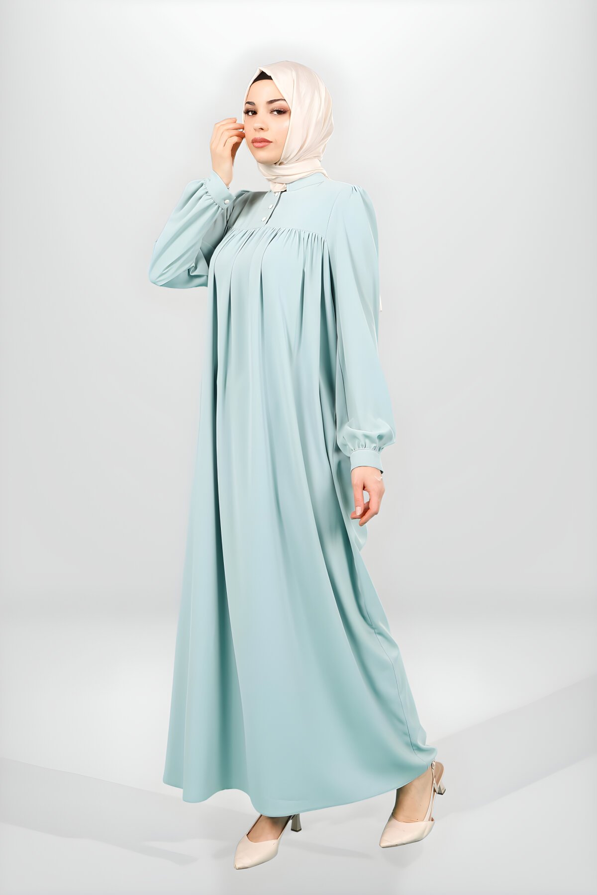 Mint Yeşil Robadan Kesim Manşeti Düğmeli Elbise Mint Yeşil Robadan Kesim Manşeti Düğmeli Elbise