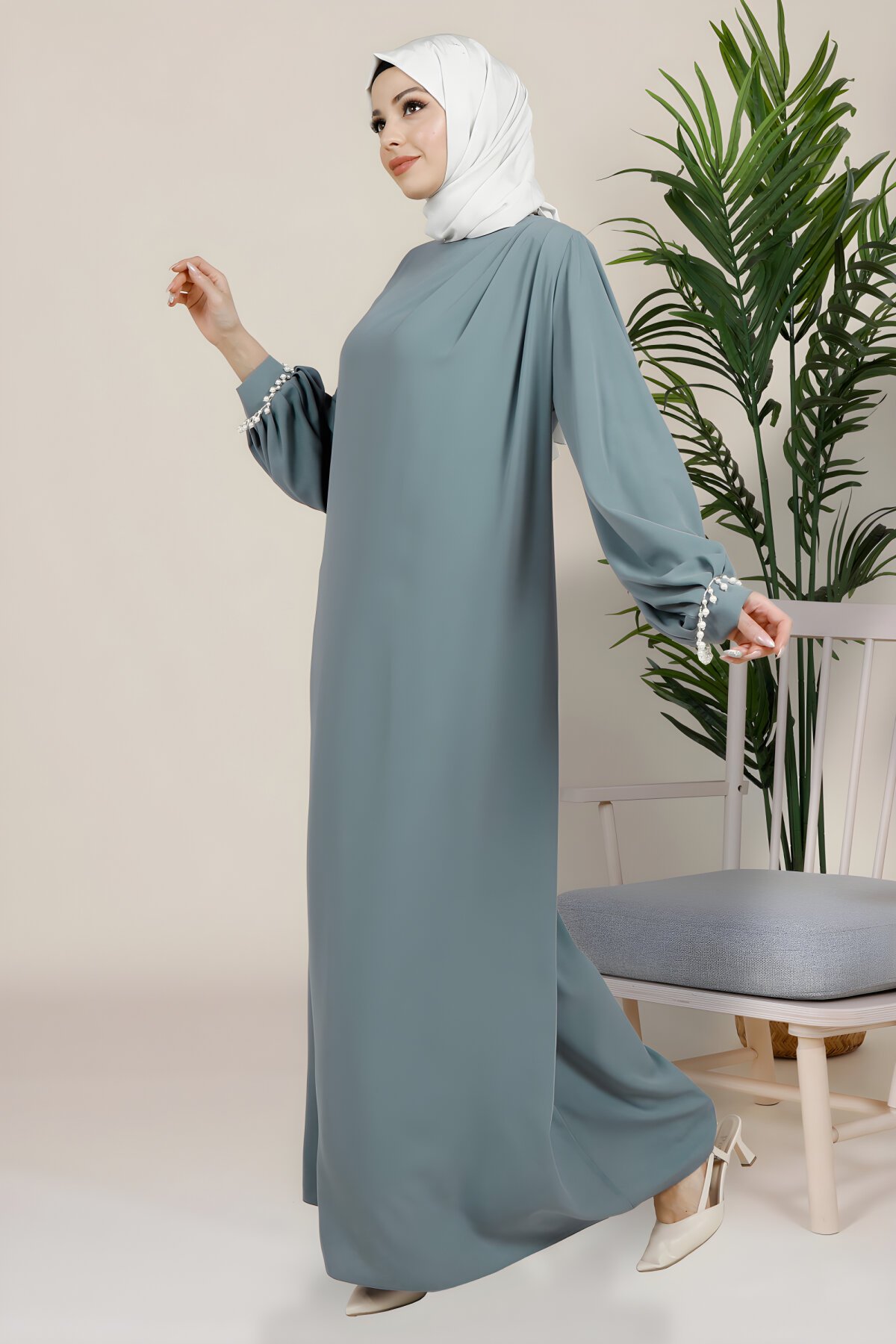 Mint Yeşil Şark Kolları Pili Ve İnci Detaylı Elbise Mint Yeşil Şark Kolları Pili Ve İnci Detaylı Elbise