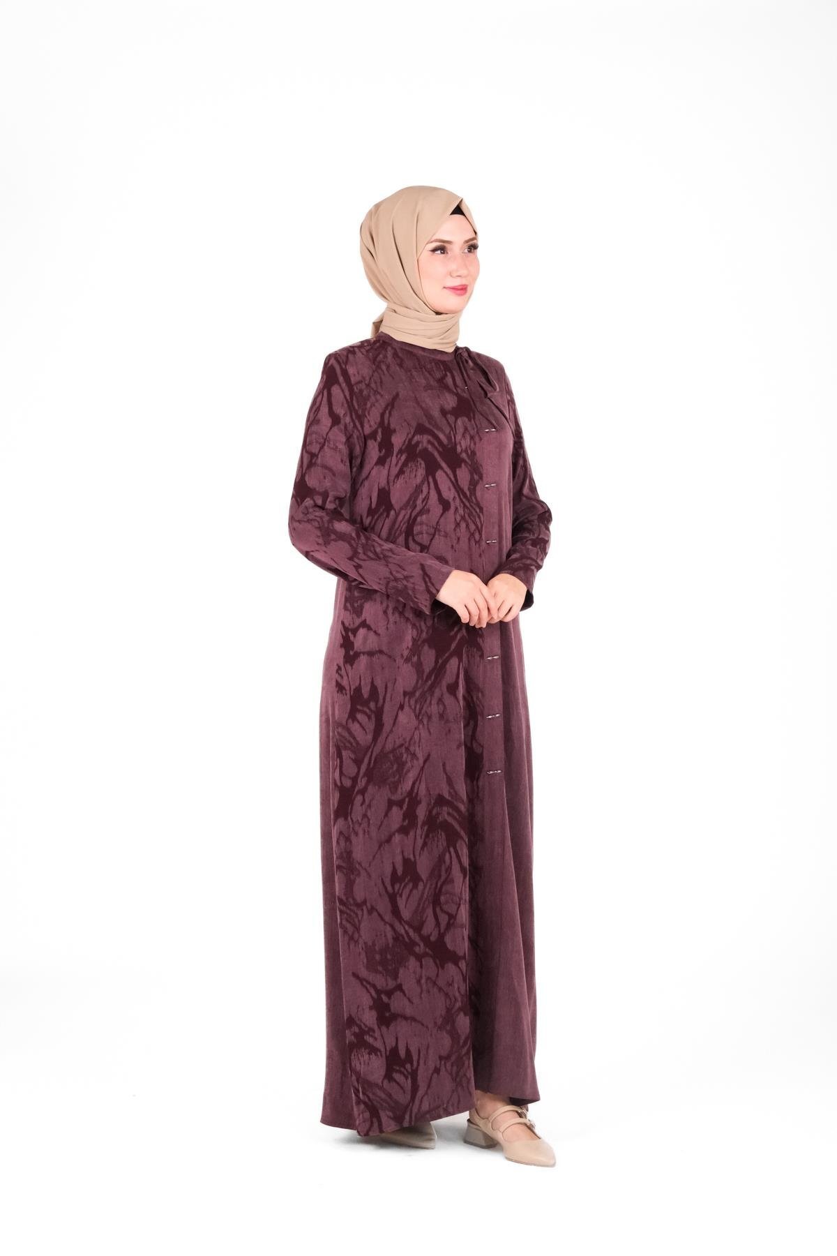 Modest Self-Patterned Ribbon-Detail Dress - Plum - Beyza