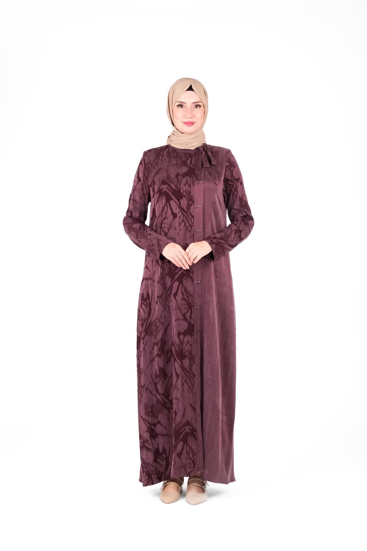 Modest Self-Patterned Ribbon-Detail Dress - Plum - Beyza