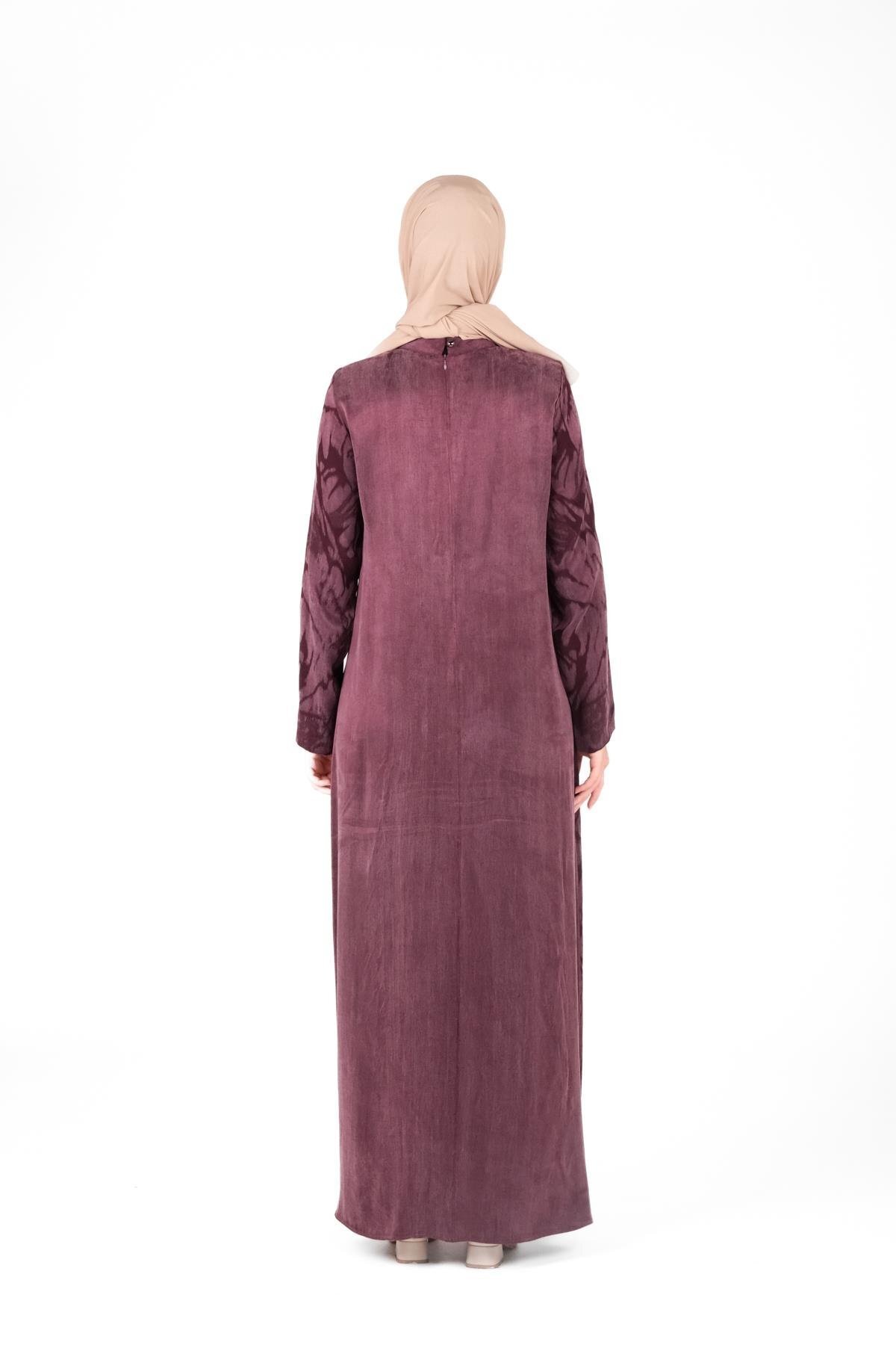Modest Self-Patterned Ribbon-Detail Dress - Plum - Beyza