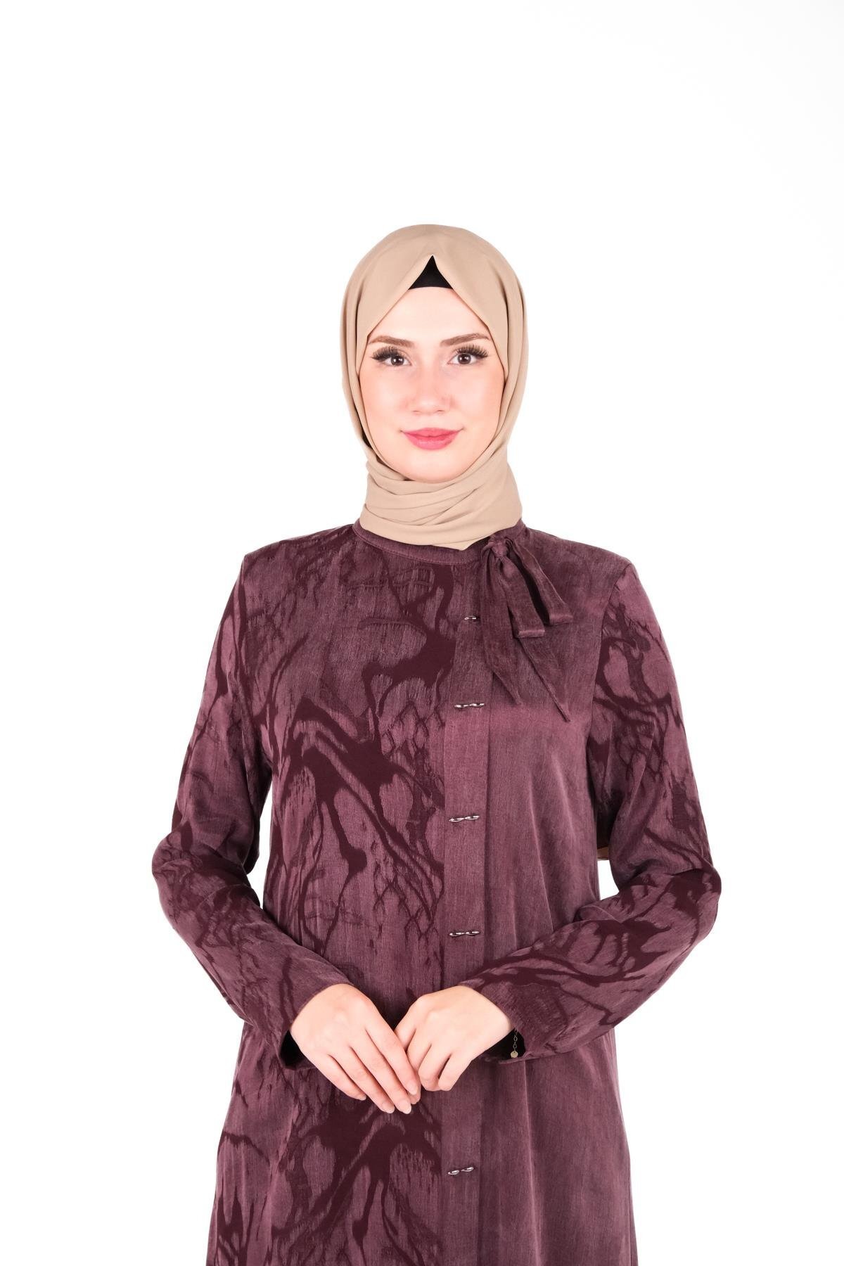 Modest Self-Patterned Ribbon-Detail Dress - Plum - Beyza