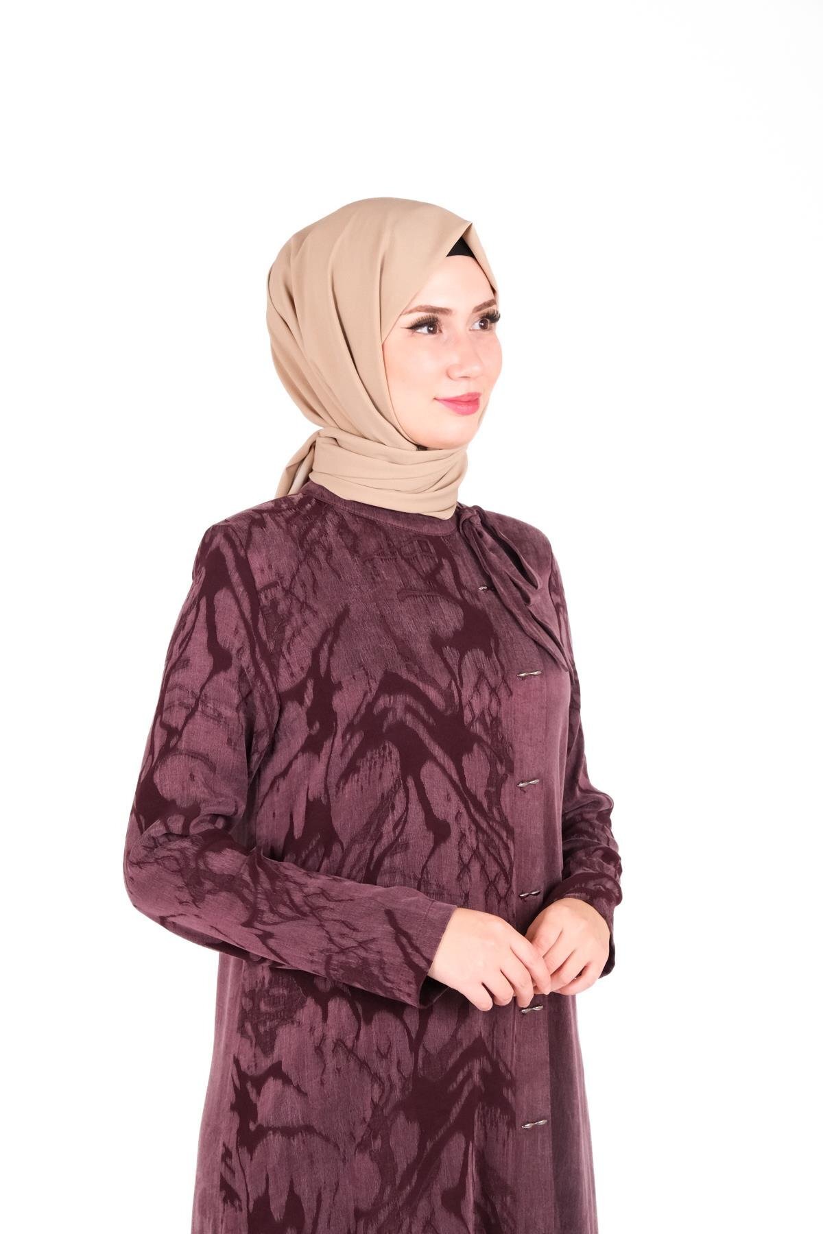 Modest Self-Patterned Ribbon-Detail Dress - Plum - Beyza