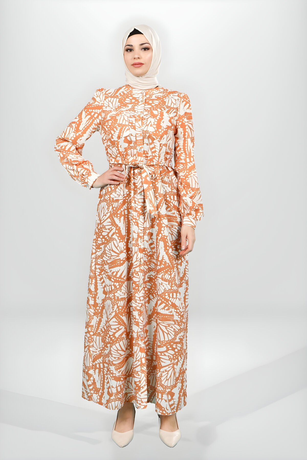 Oranj Desenli Kuşaklı Gömlek Elbise Oranj Desenli Kuşaklı Gömlek Elbise