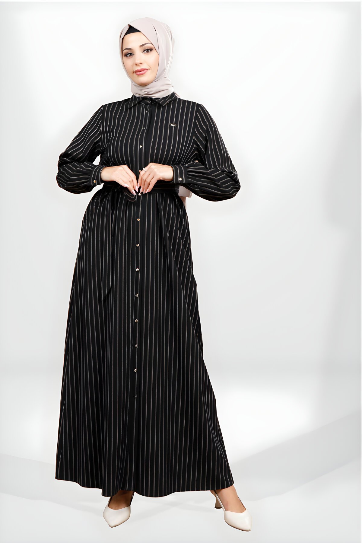 Siyah Çizgili Kışlık Kuşaklı Elbise
