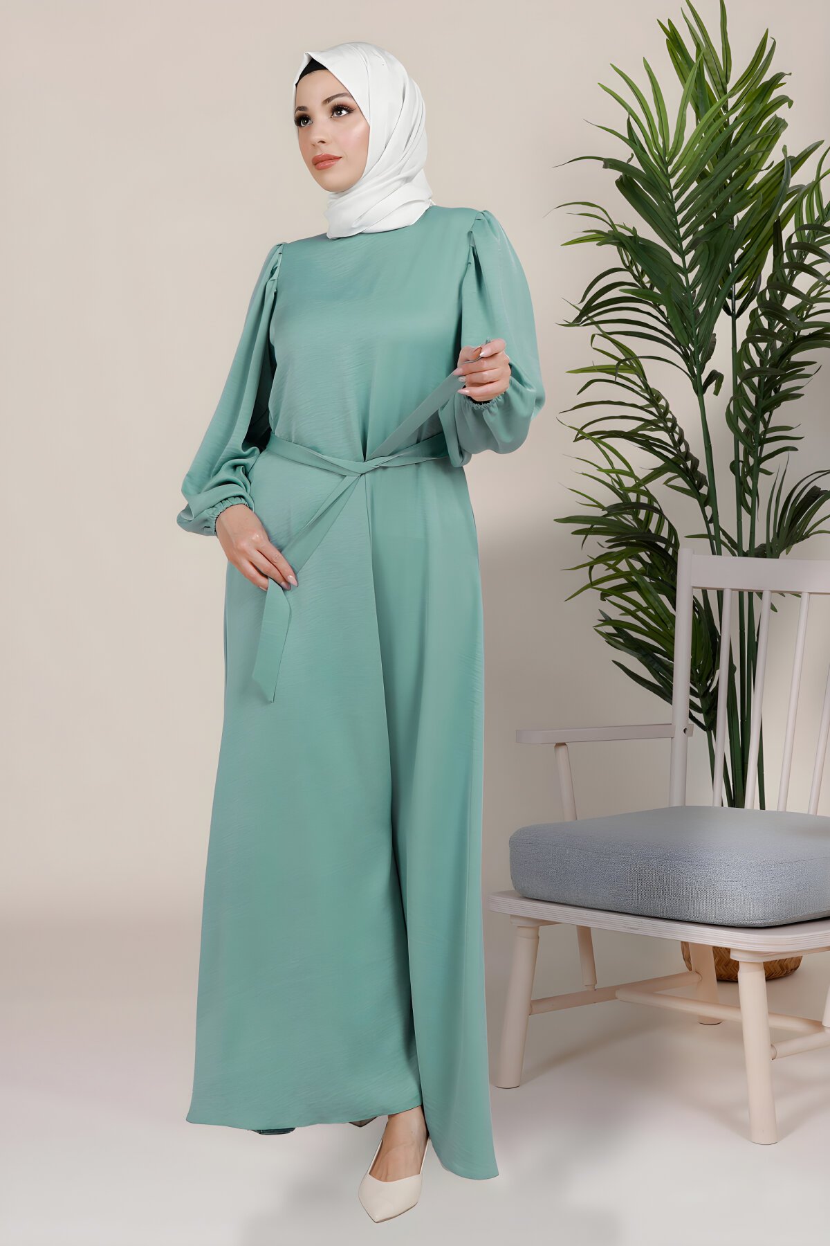 Turkuaz Hare Balon Kol Tesettür Elbise - Beyza