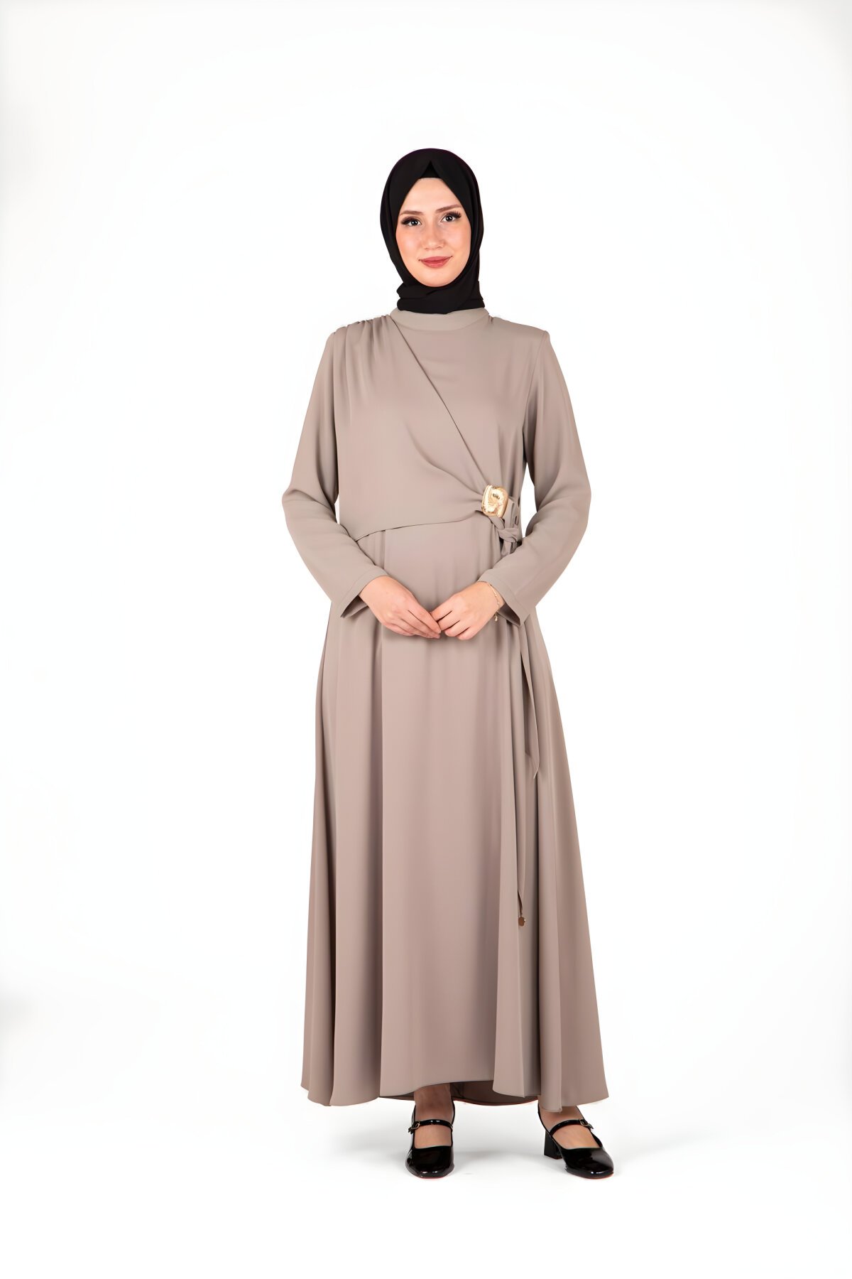 Modest Front-Buckle Dress - Mink - Beyza