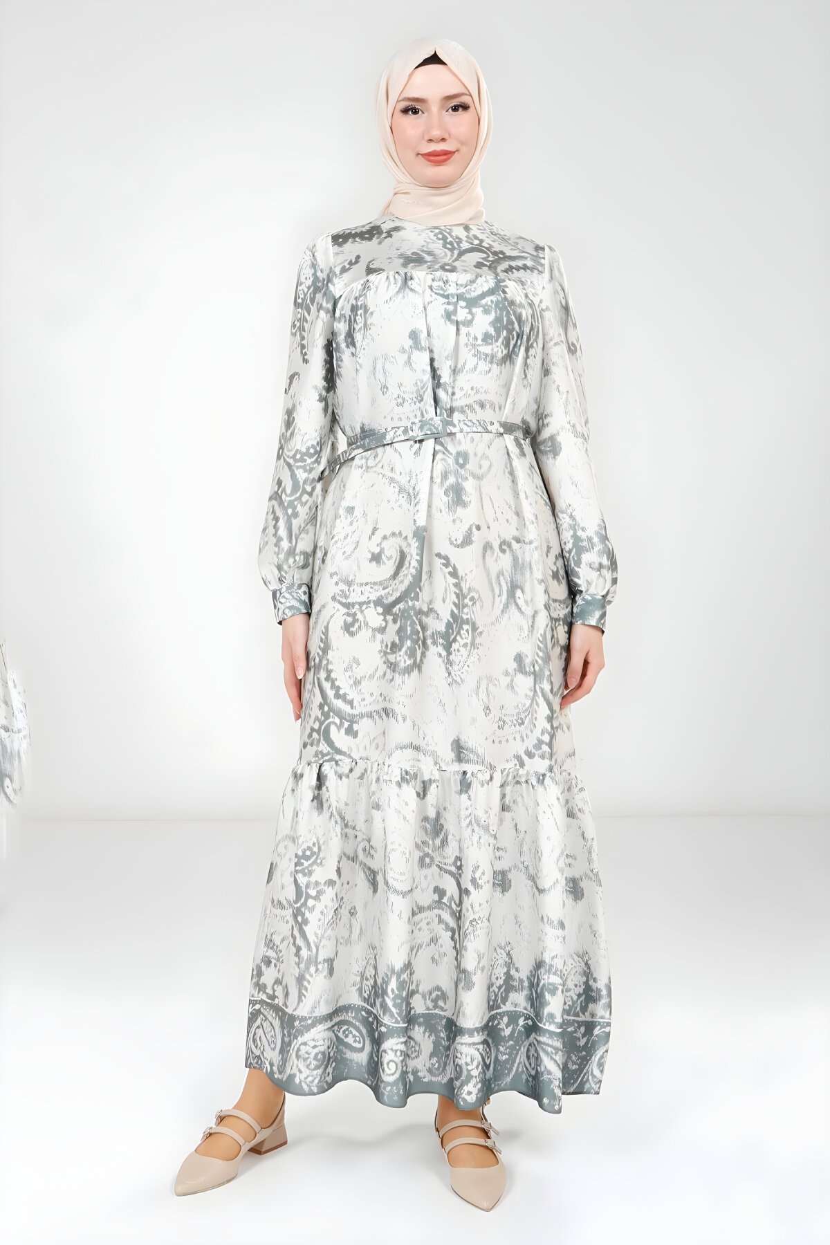 Yeşil Baskılı Desenli Kemerli Elbise Yeşil Baskılı Desenli Kemerli Elbise