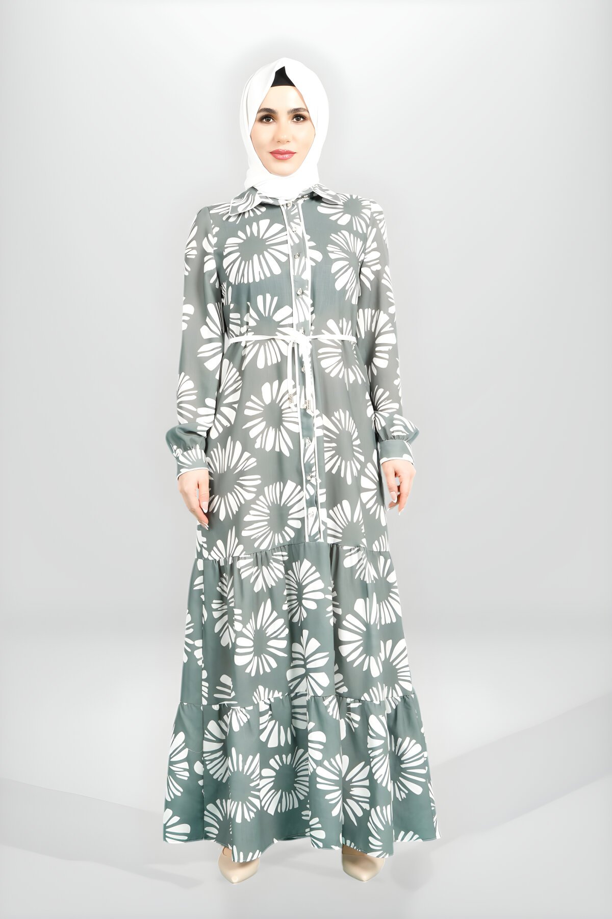 Modest Patterned Front-Button Ruffle-Hem Dress - Green - Beyza