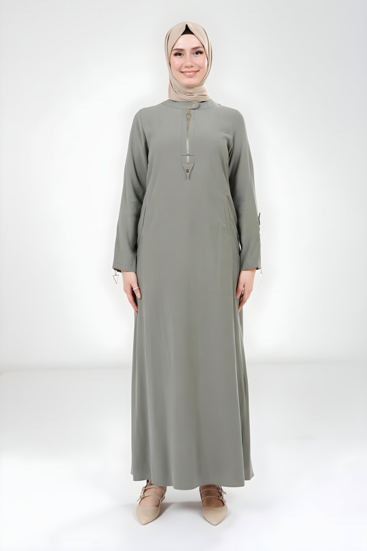 Yeşil Kolu Fermuar Detaylı Elbise Yeşil Kolu Fermuar Detaylı Elbise