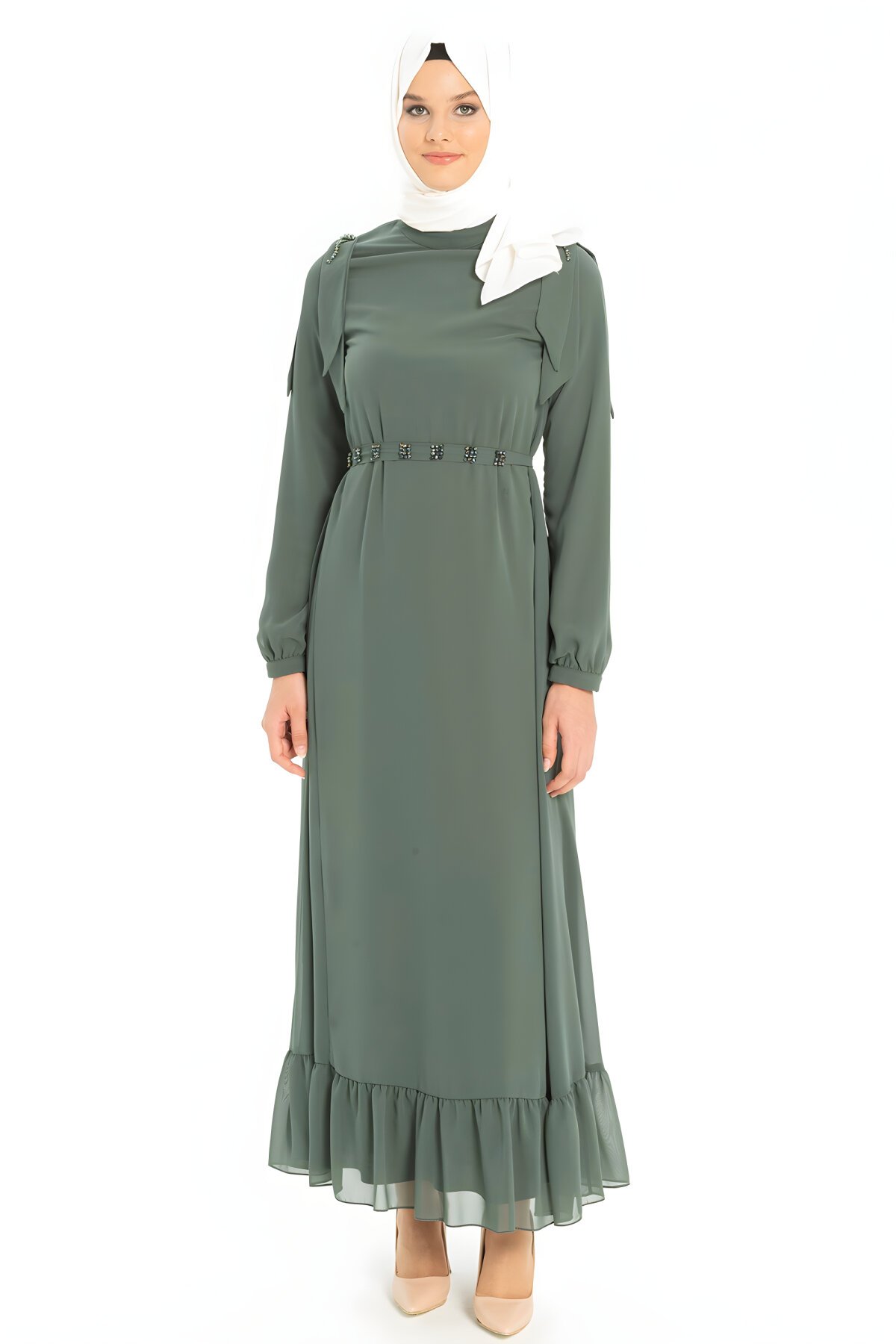 Yeşil Nova Şifon Omuz Ve Kemeri Taş Detaylı Elbise Yeşil Nova Şifon Omuz Ve Kemeri Taş Detaylı Elbise