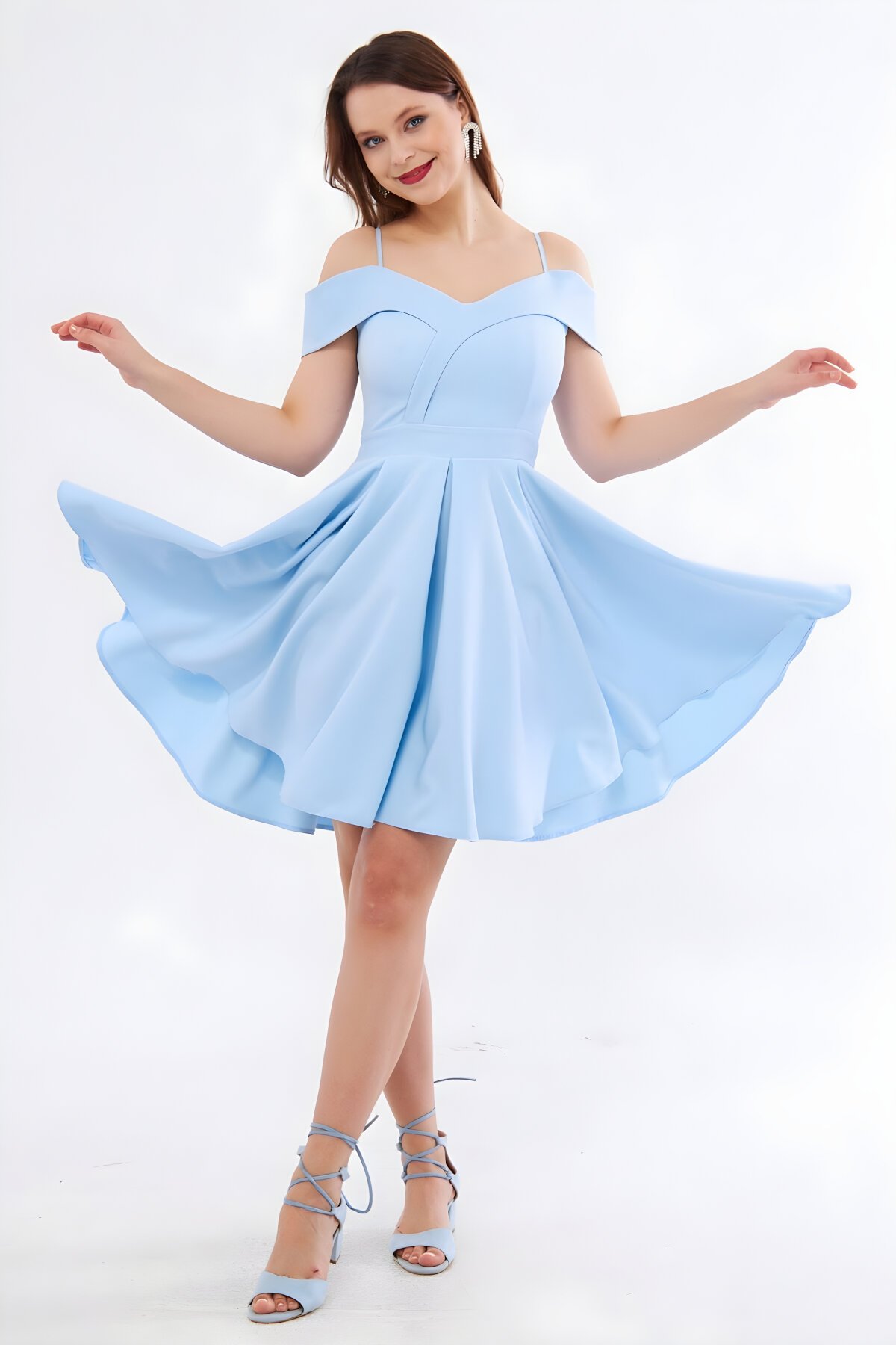 Mini Flared Pleated Strappy Boat Neck Evening Dress - Baby Blue - Bidoluelbise