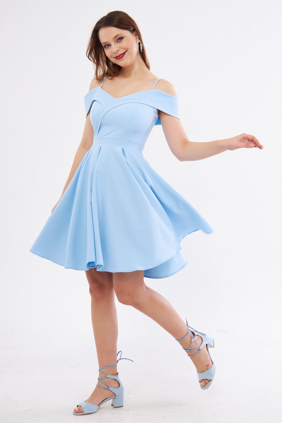 Mini Flared Pleated Strappy Boat Neck Evening Dress - Baby Blue - Bidoluelbise