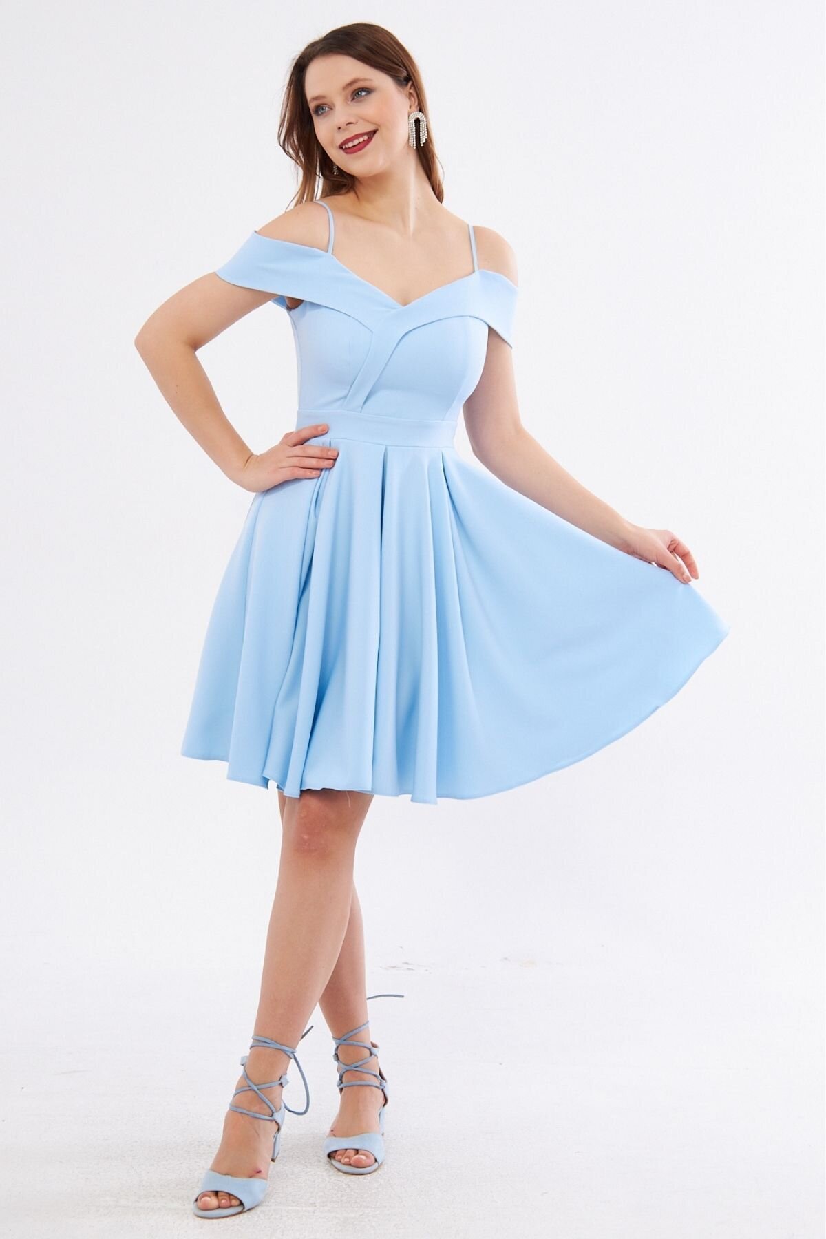 Mini Flared Pleated Strappy Boat Neck Evening Dress - Baby Blue - Bidoluelbise