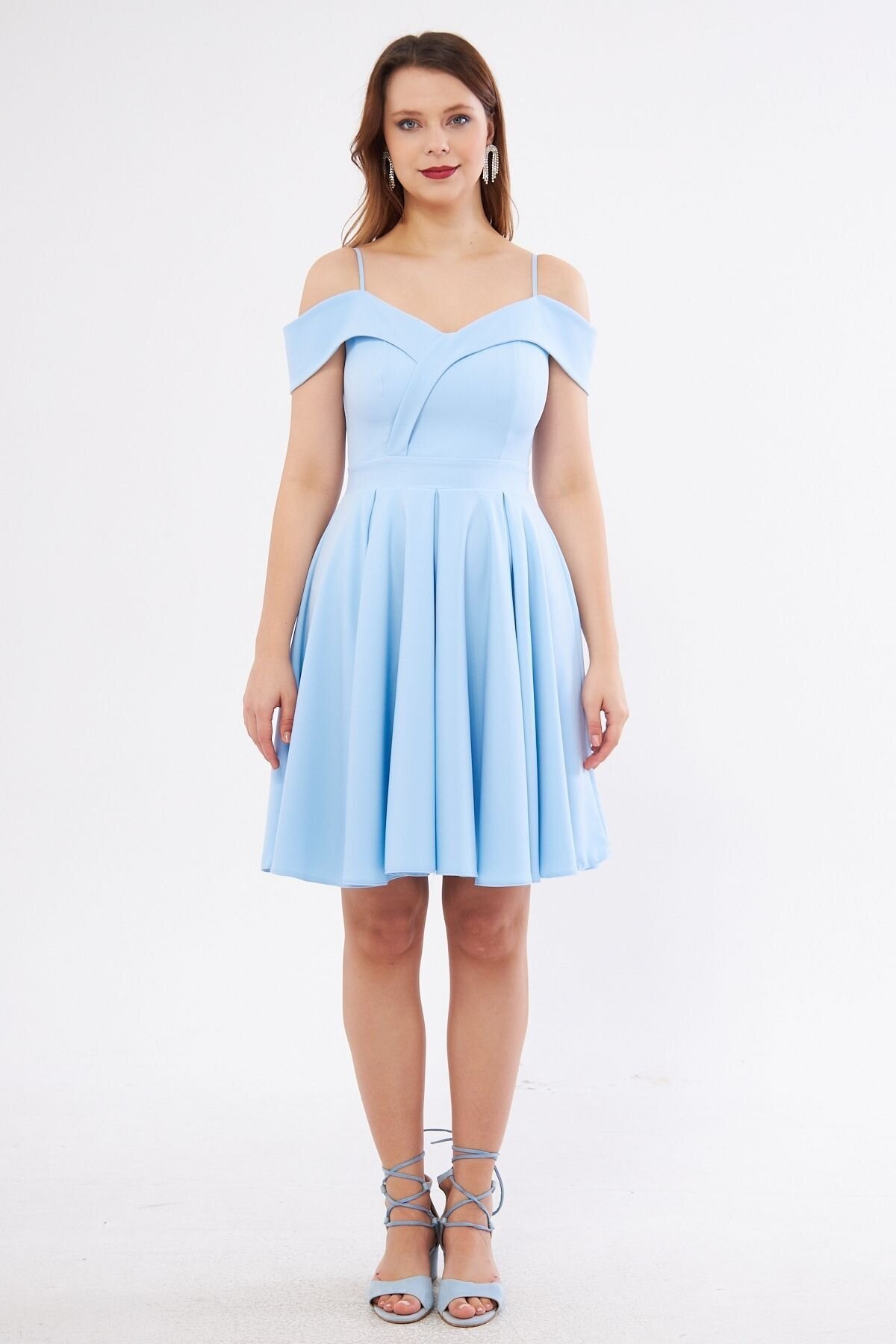 Mini Flared Pleated Strappy Boat Neck Evening Dress - Baby Blue - Bidoluelbise