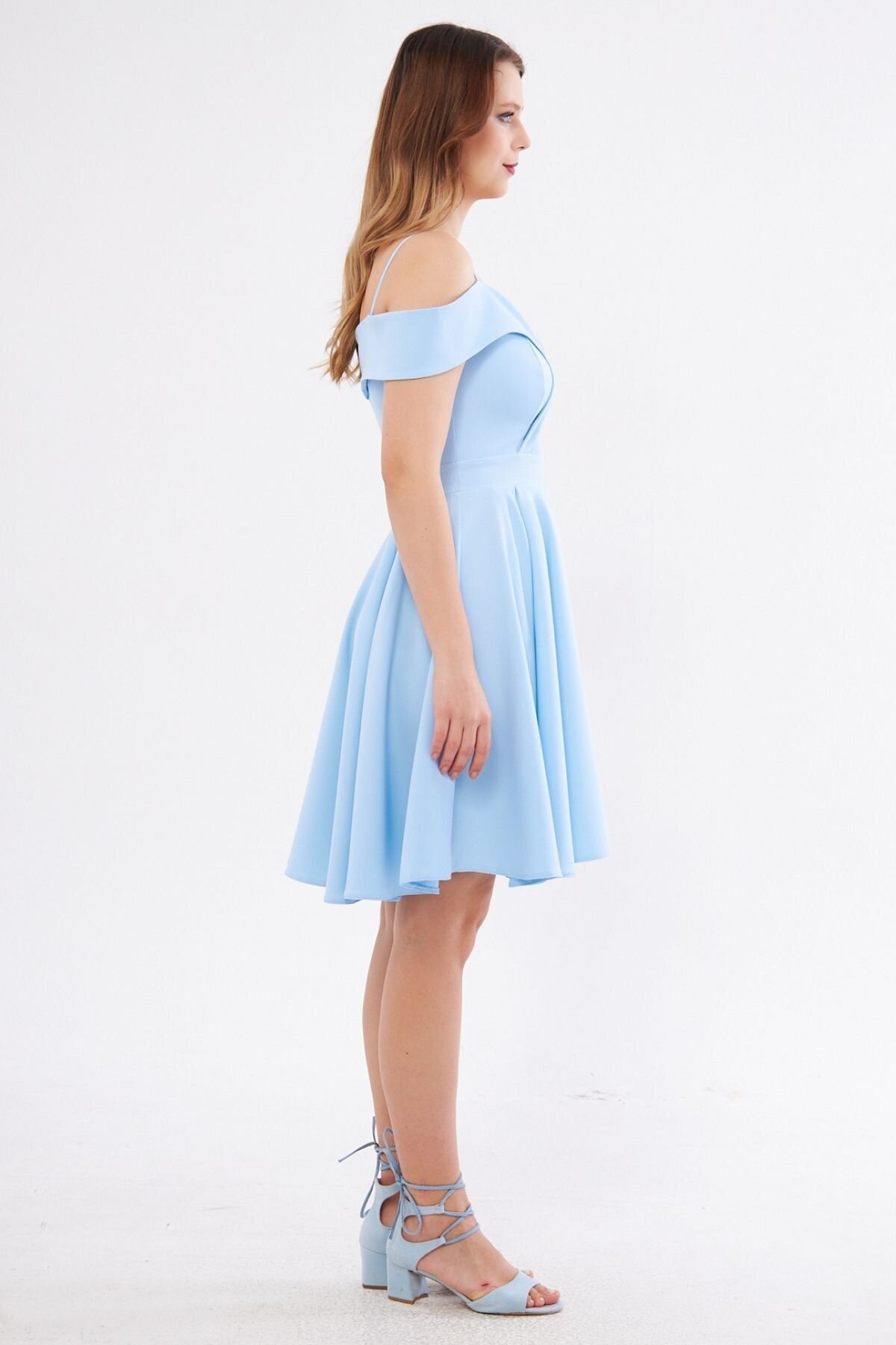 Mini Flared Pleated Strappy Boat Neck Evening Dress - Baby Blue - Bidoluelbise