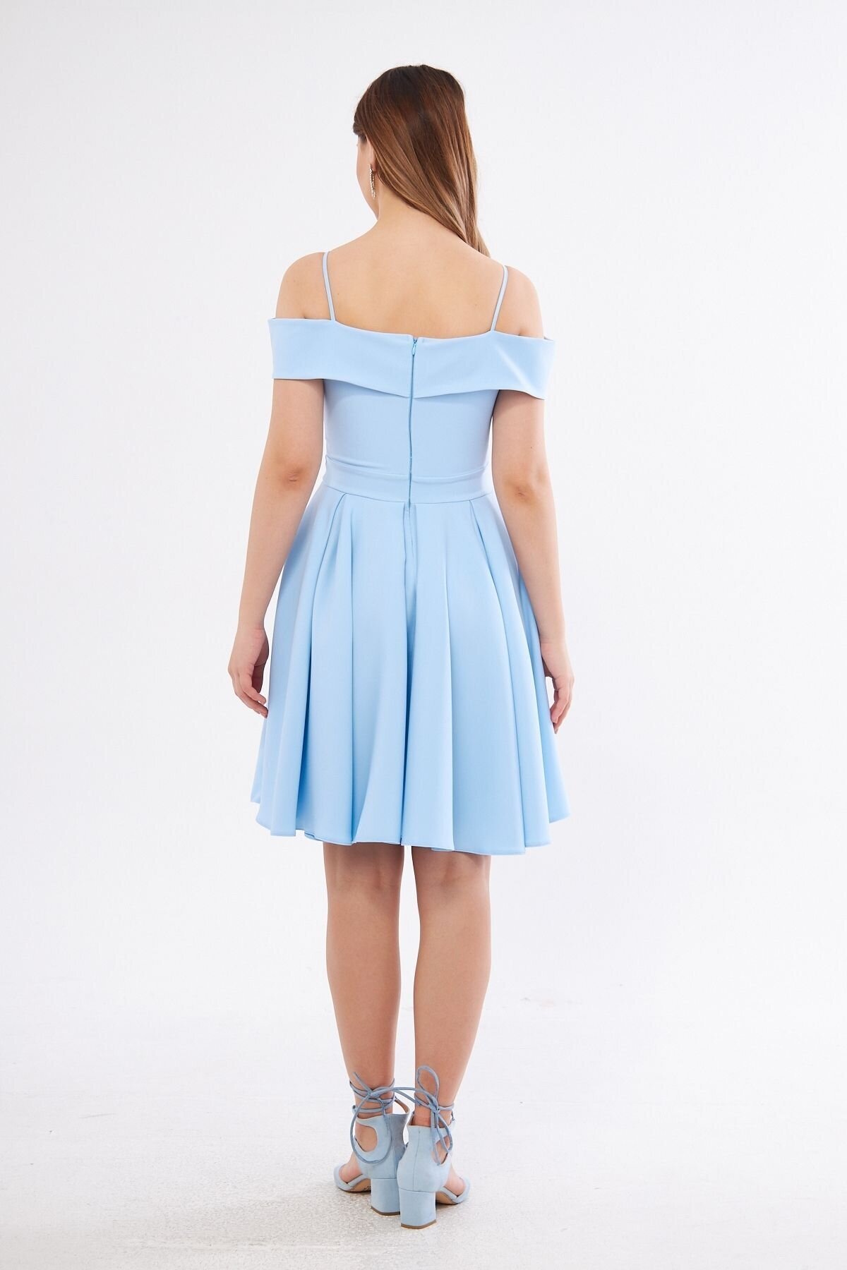 Mini Flared Pleated Strappy Boat Neck Evening Dress - Baby Blue - Bidoluelbise