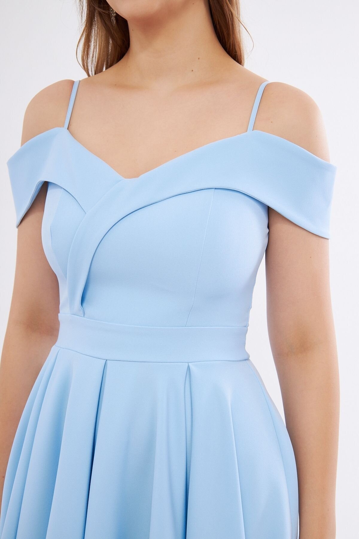 Mini Flared Pleated Strappy Boat Neck Evening Dress - Baby Blue - Bidoluelbise