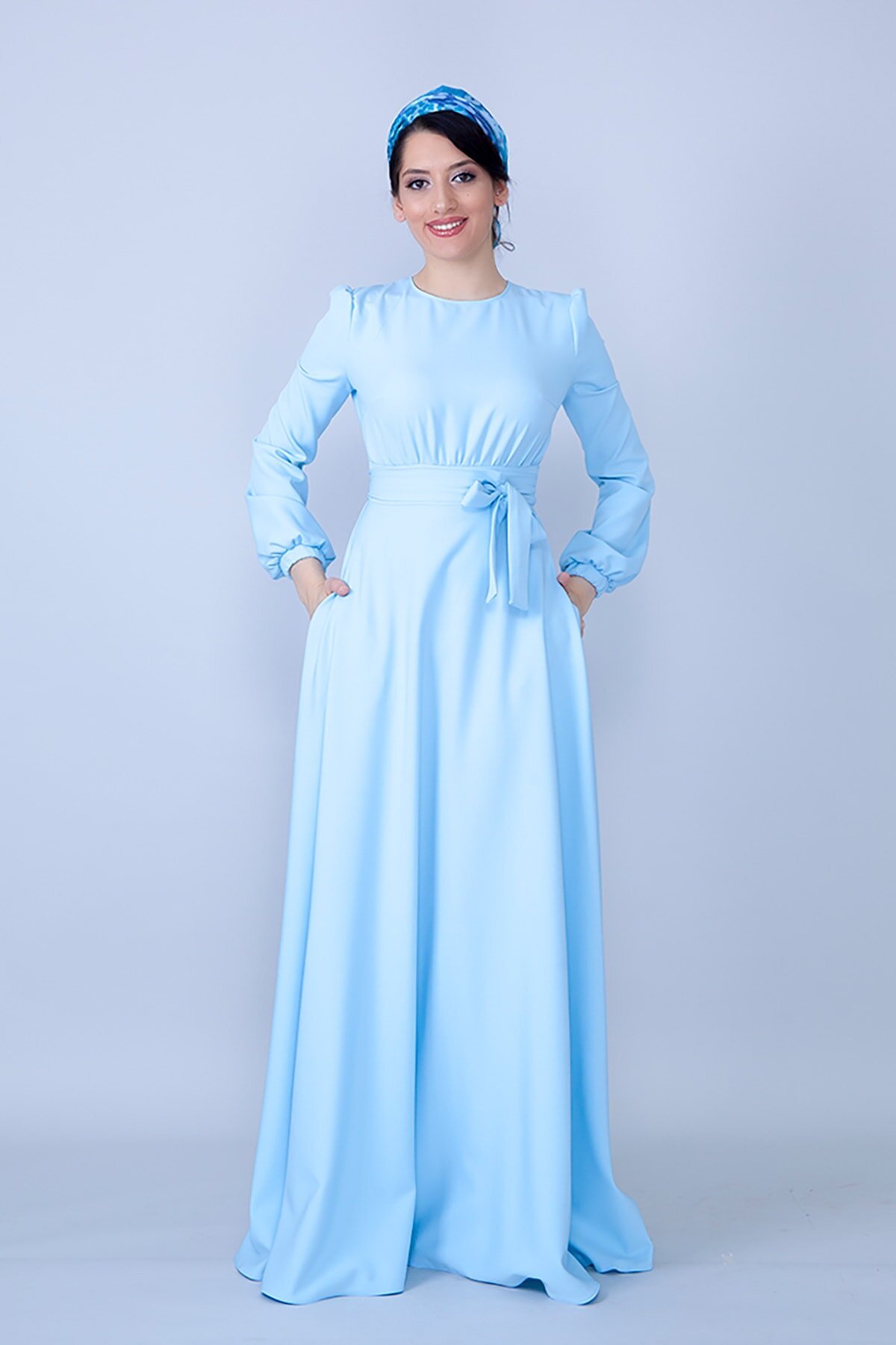 Long-Sleeved Gathered-Waist Belted Modest Evening Dress - Baby Blue - Bidoluelbise