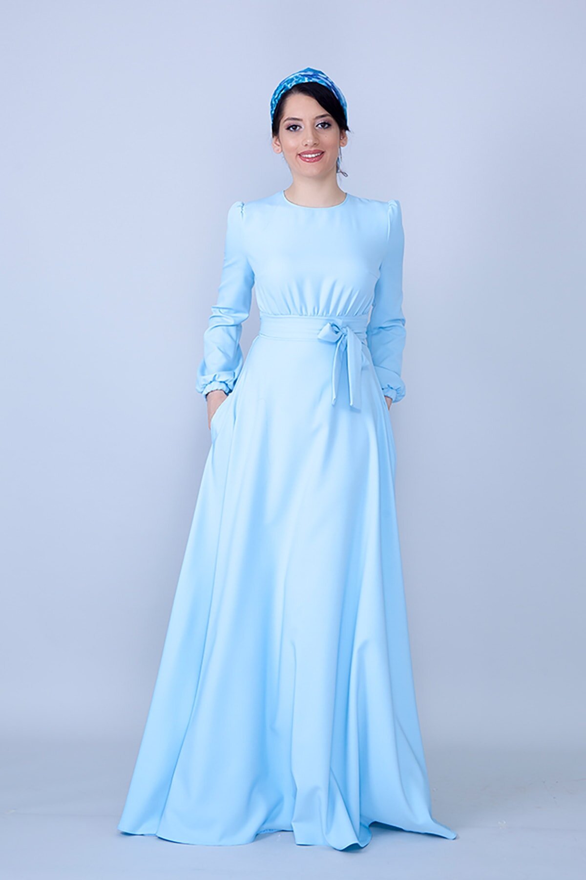 Long-Sleeved Gathered-Waist Belted Modest Evening Dress - Baby Blue - Bidoluelbise