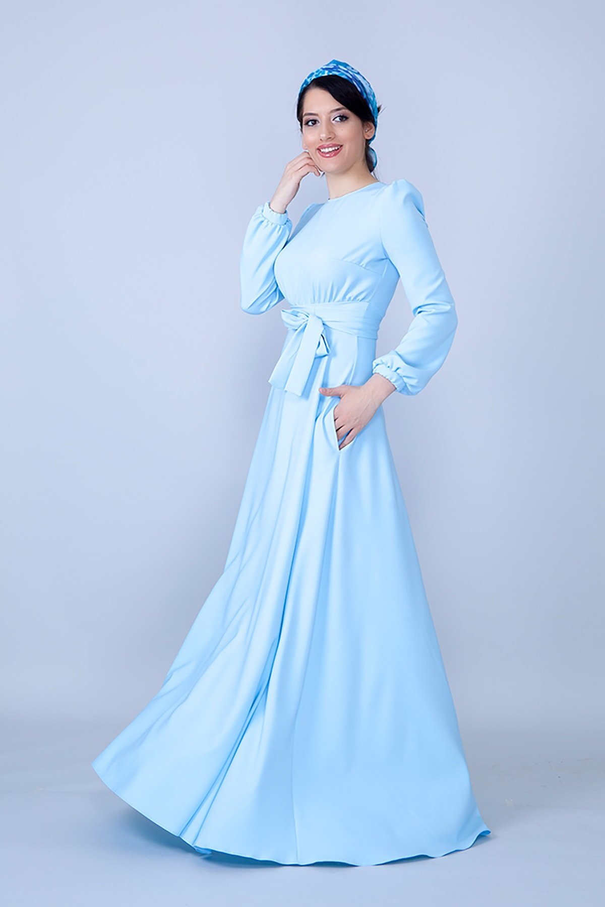 Long-Sleeved Gathered-Waist Belted Modest Evening Dress - Baby Blue - Bidoluelbise