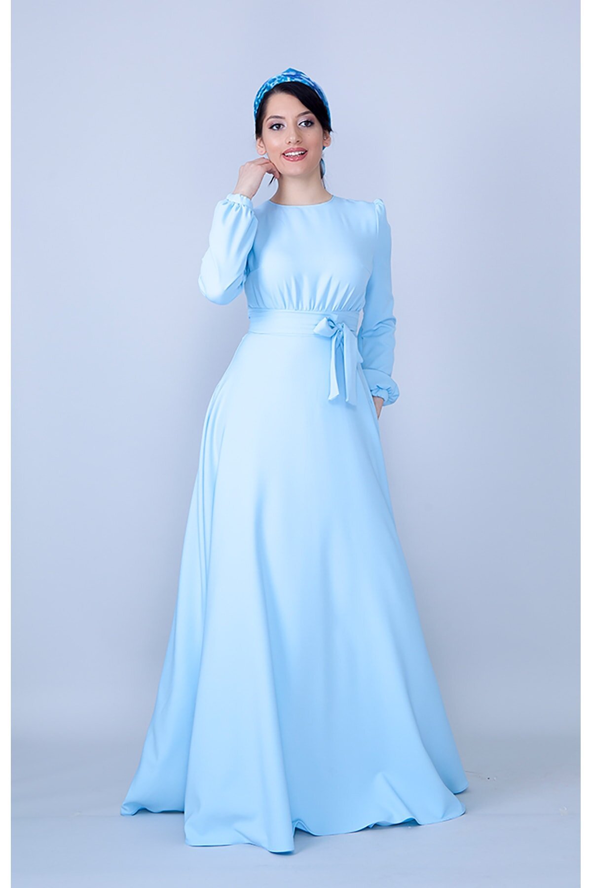 Long-Sleeved Gathered-Waist Belted Modest Evening Dress - Baby Blue - Bidoluelbise