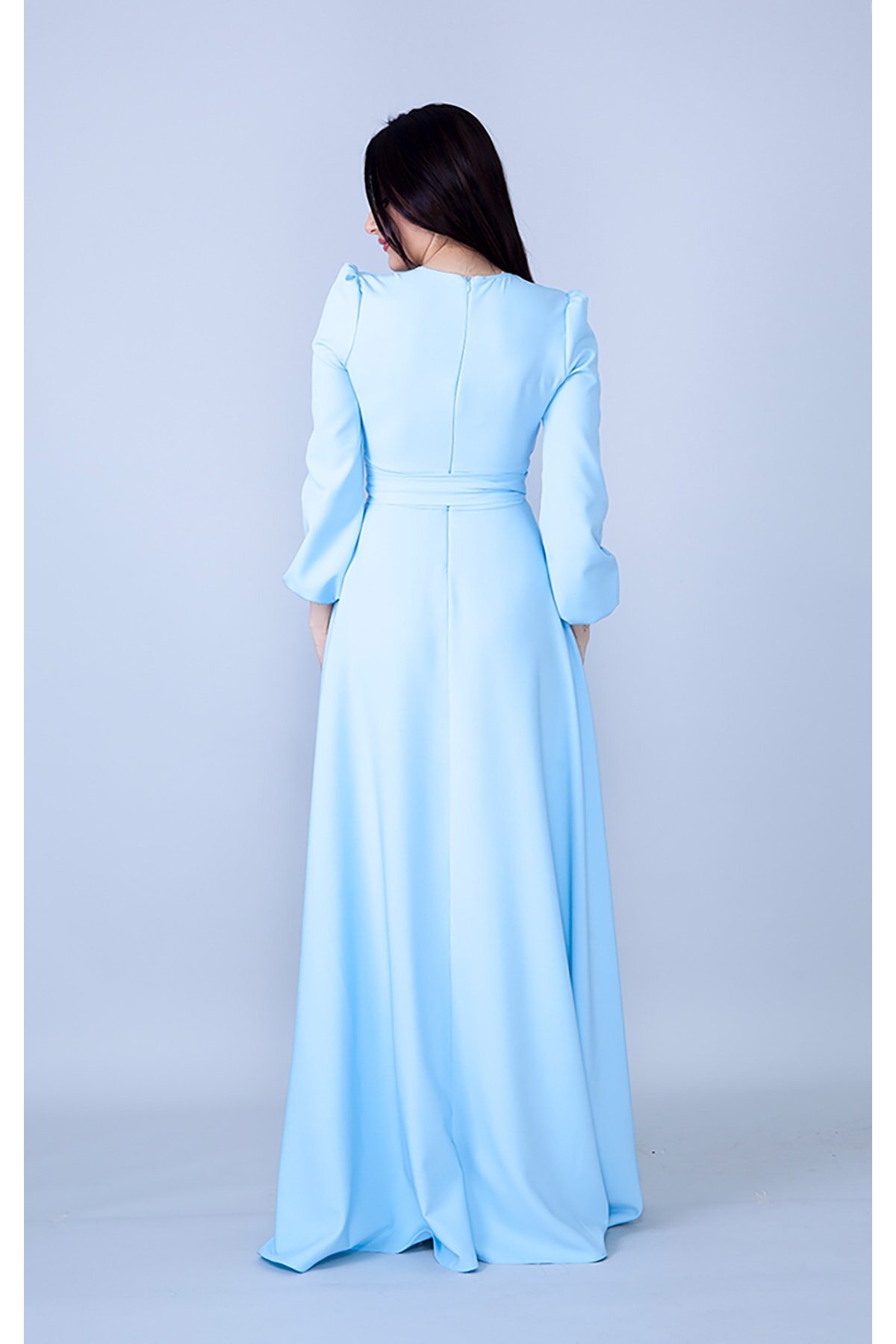 Long-Sleeved Gathered-Waist Belted Modest Evening Dress - Baby Blue - Bidoluelbise