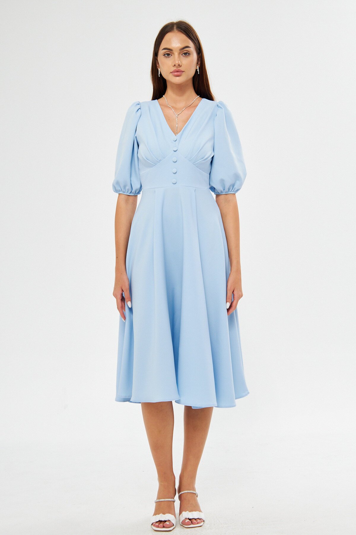 Midi Balloon Sleeve V-Neck Corset Belt Detail Evening Dress - Baby Blue - Bidoluelbise