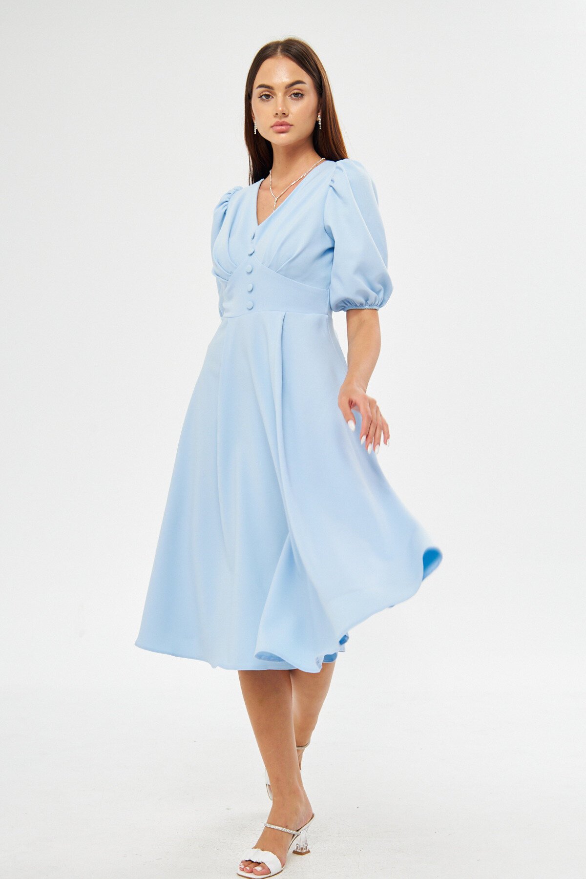 Midi Balloon Sleeve V-Neck Corset Belt Detail Evening Dress - Baby Blue - Bidoluelbise