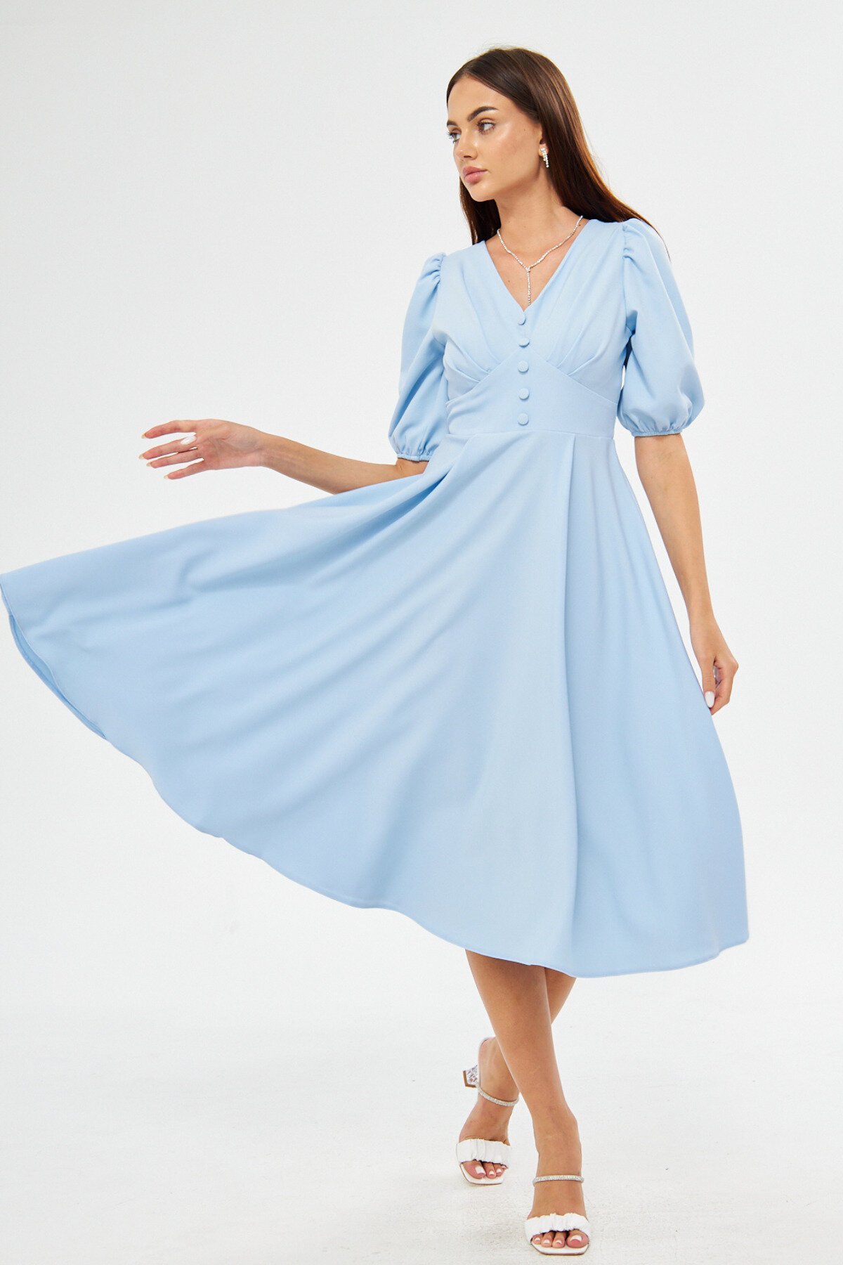 Midi Balloon Sleeve V-Neck Corset Belt Detail Evening Dress - Baby Blue - Bidoluelbise