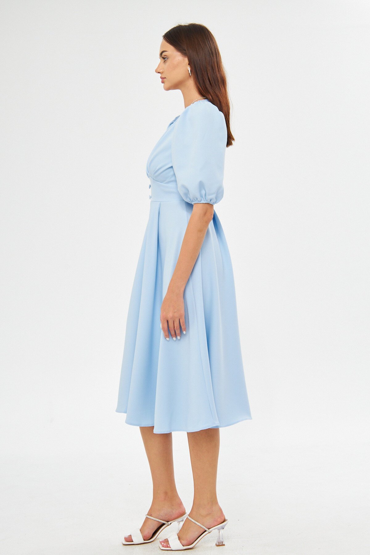 Midi Balloon Sleeve V-Neck Corset Belt Detail Evening Dress - Baby Blue - Bidoluelbise