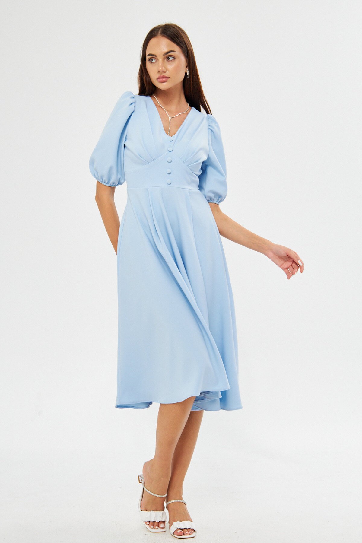 Midi Balloon Sleeve V-Neck Corset Belt Detail Evening Dress - Baby Blue - Bidoluelbise