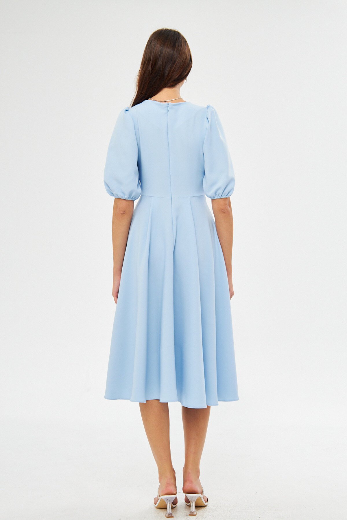 Midi Balloon Sleeve V-Neck Corset Belt Detail Evening Dress - Baby Blue - Bidoluelbise