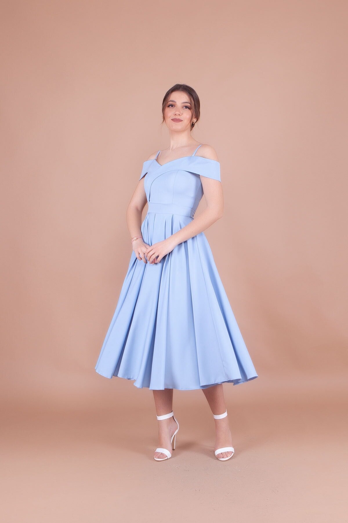 Midi Pleated Strappy Off-Shoulder Evening Dress - Baby Blue - Bidoluelbise